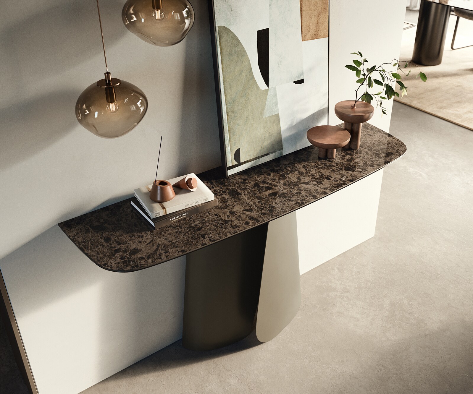 Console Edge forme bateau 140x40 cm Céramique Emperador Extra Lucidato Dunkelbraun Livos Métal Effektfinish Titan 1