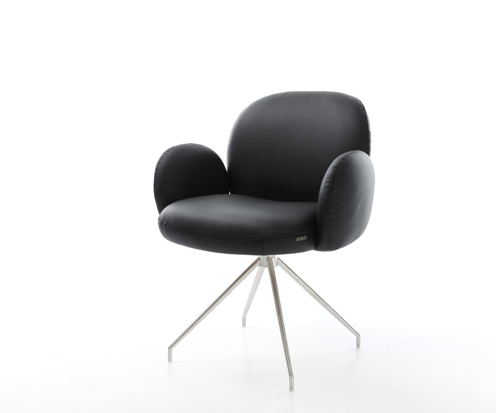 Chaise-pivotante Nube-Flex avec accoudoirs cuir de vache noir pied croisé conique acier inoxydable brossé pivotement sur 180° ressorts ensachés