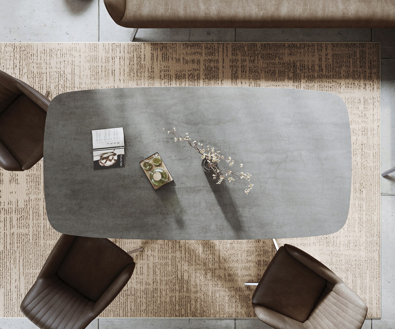 Table à manger Edge bateau 200x100 cm céramique béton gris piètement croisé rectangulaire inox 5