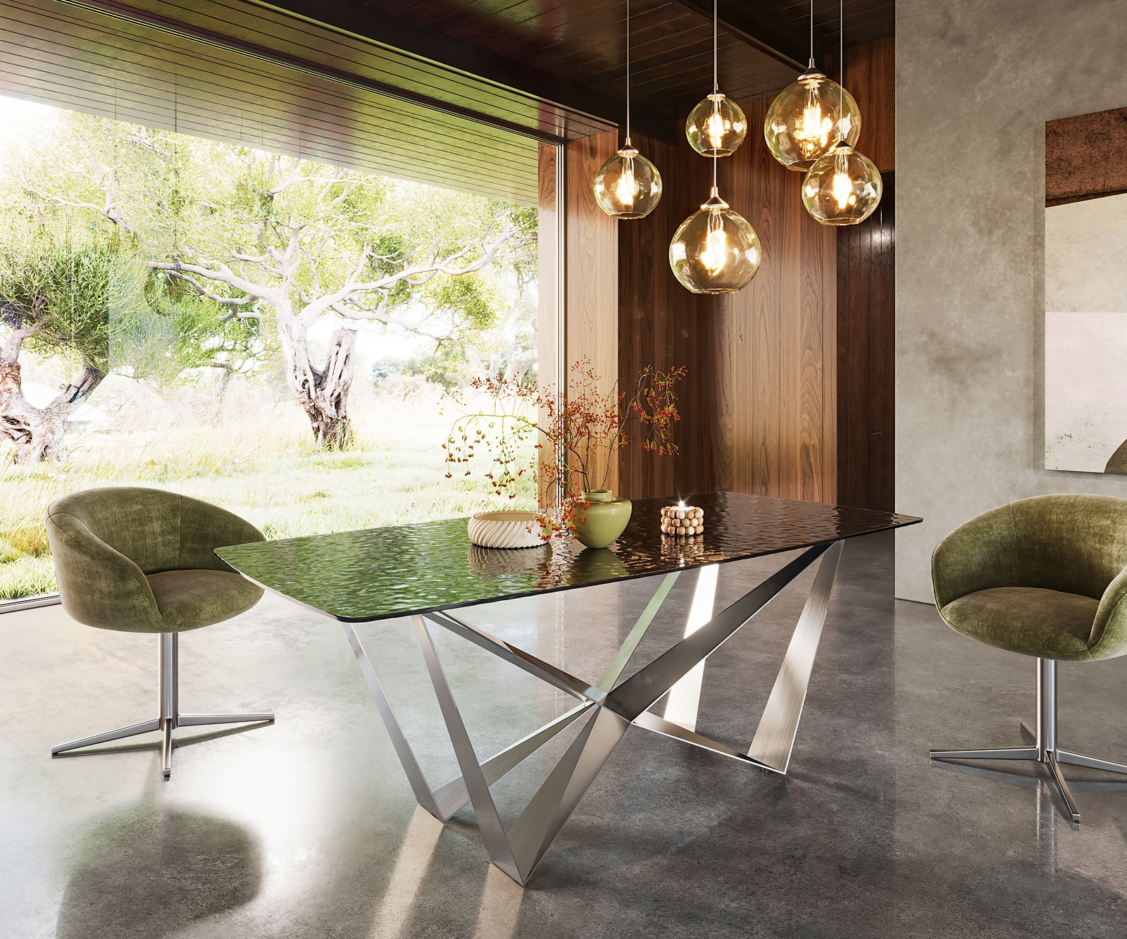 Table à manger Edge en forme de bateau 200x100 verre fondu noir fumé relief en 3D Spider acier plat acier inoxydable 4