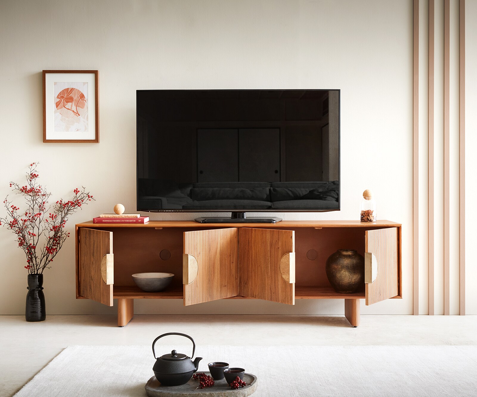 Meuble-TV Surimu 175 cm acacia brun clair 4 portes liège-poignée pieds en bois 4