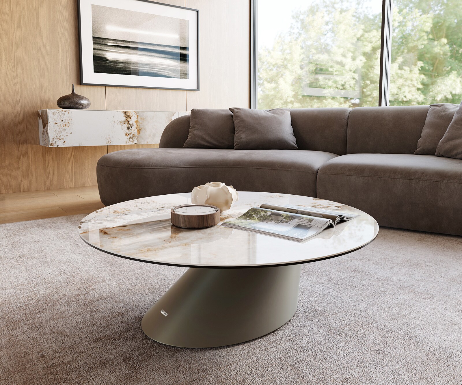 Table basse Edge rond 100x100 cm céramique Minas Melange Conis Metall finition effet titane 1