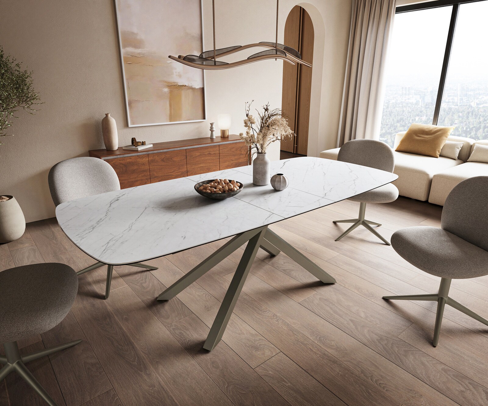 Table à manger Edge Boot 180-220x100 cm Céramique Laminam® Statuarietto Blanc piètement en croix Rectangle Finition effet Titan extensible 1