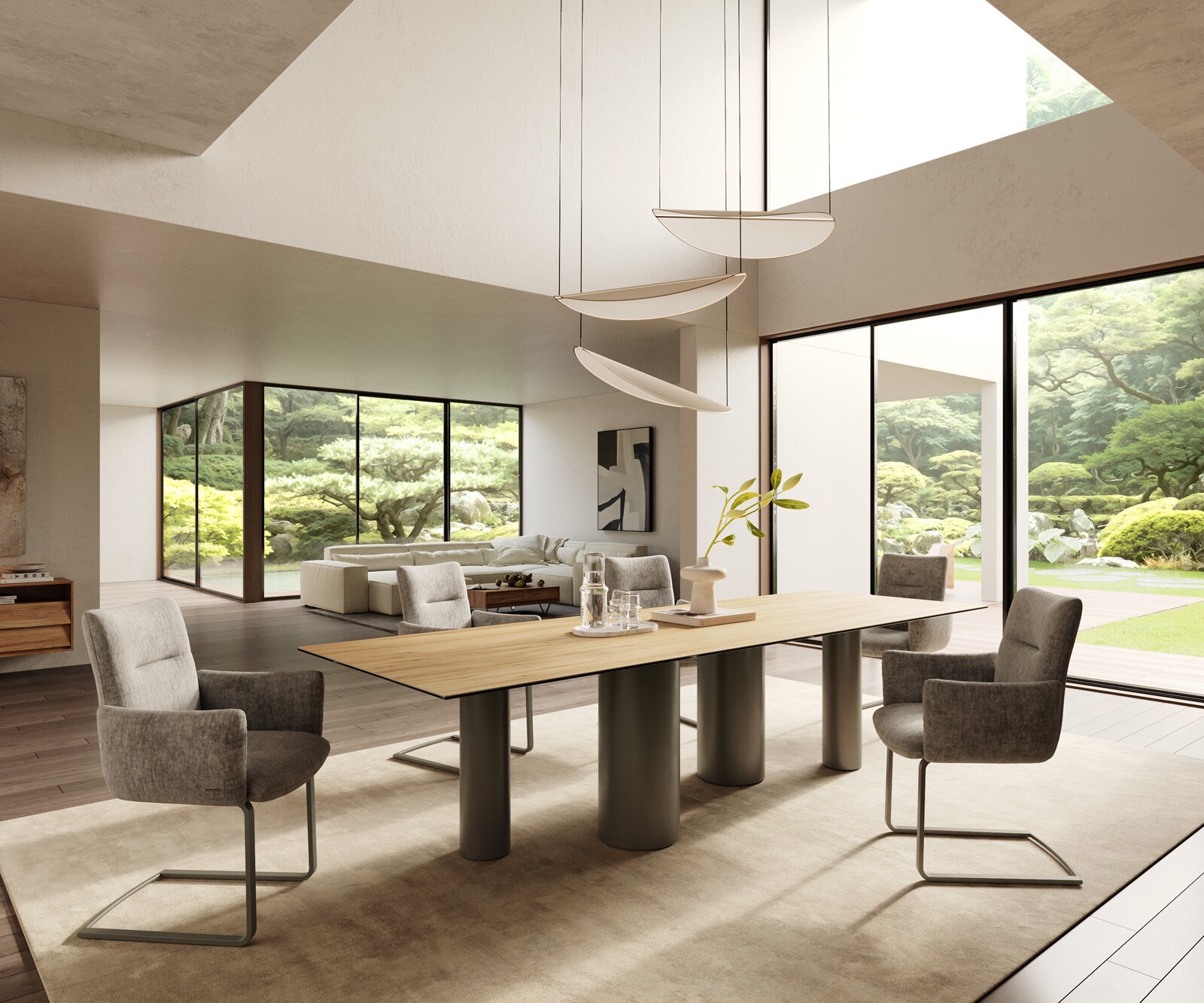 Table à manger Edge 300x100 Céramique Laminam® Sabbia Couleur chêne Pilier Métal finition à effet Titane 6