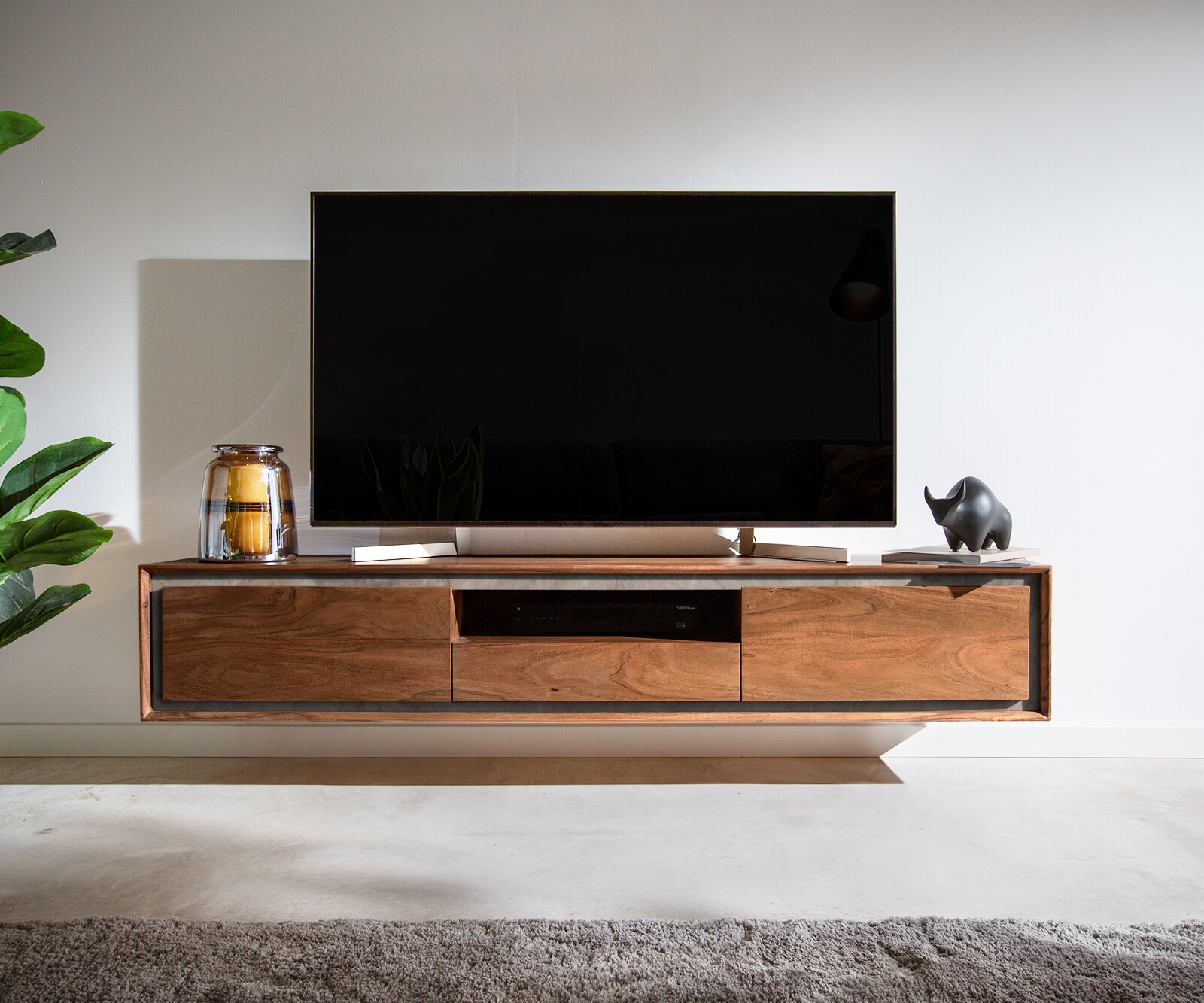 Meuble-TV Stonegrace 175 cm acacia marron plaqué pierre 2 portes 1 tiroir 1 compartiment suspendu 2