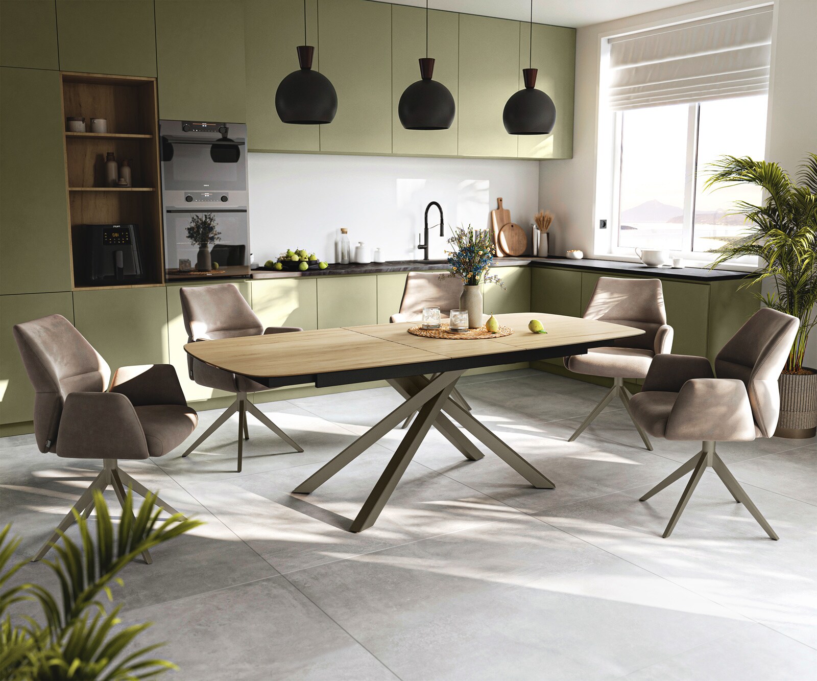 Table à manger Edge Boot 180-220x100 cm Céramique Laminam® Sabbia Eichefarbig piètement en croix Rectangle Finition effet Titan extensible 6