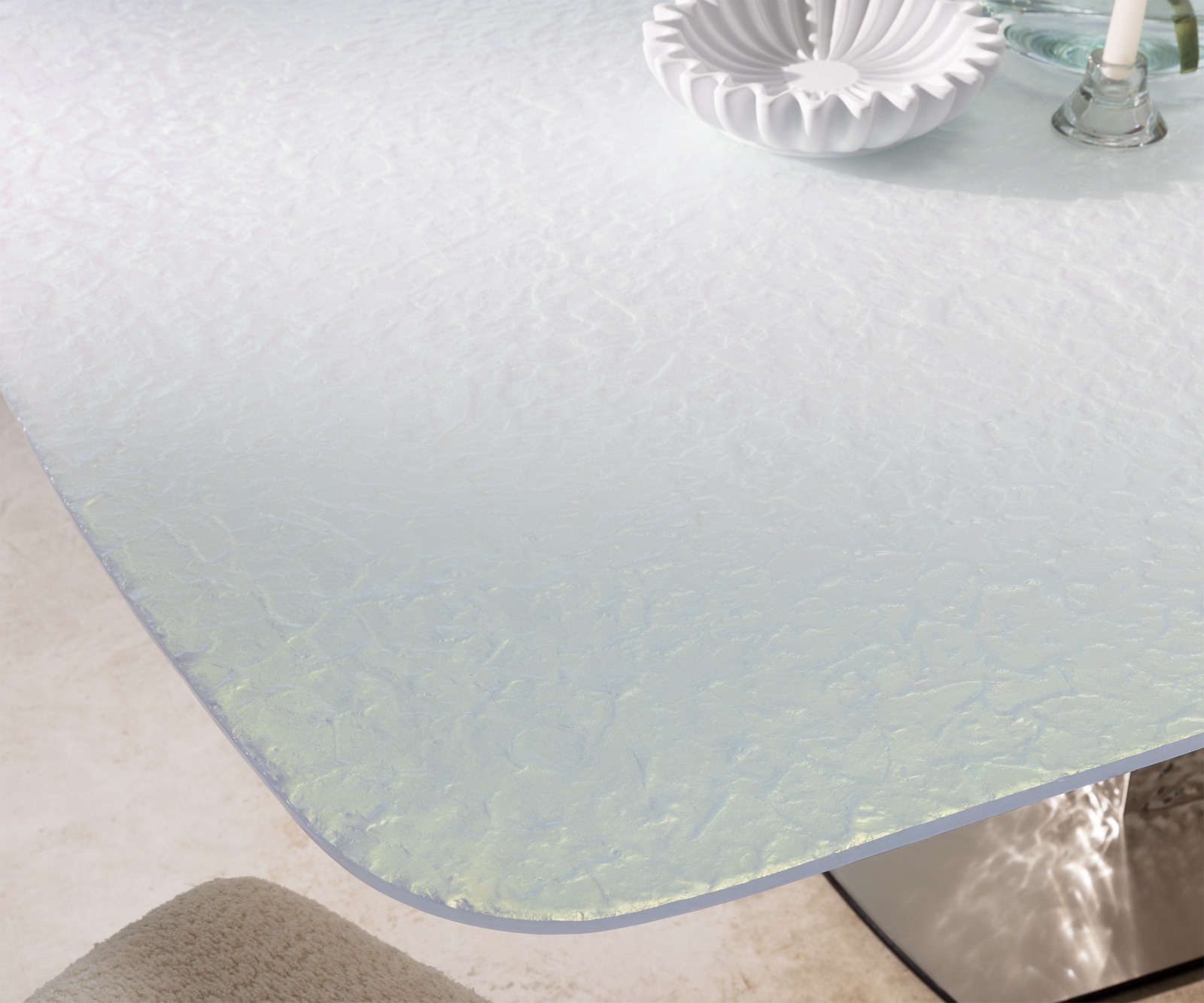 Table à manger Edge Boot 240x120 verre en relief Perlmutt 3D-Design Wave acier inoxydable 3