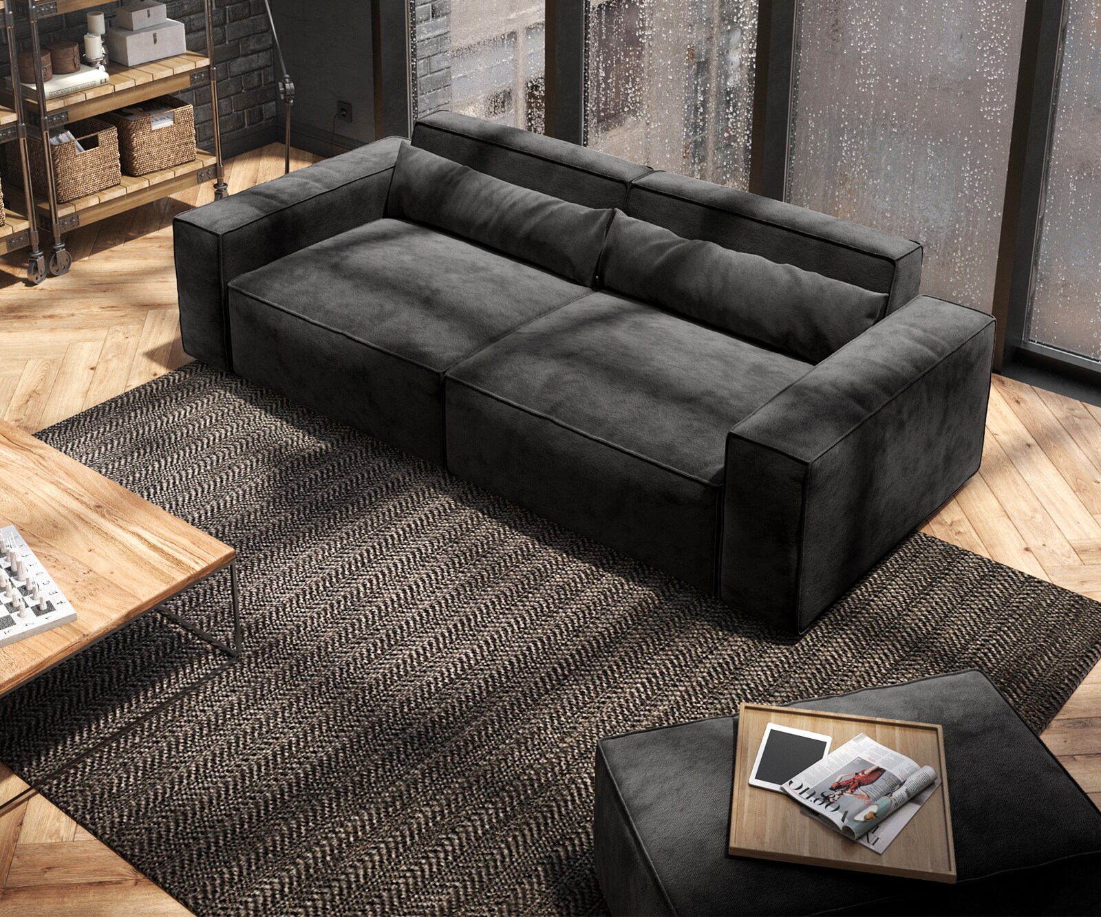 Grand Canapé Sirpio 230x95 cm Microfibre Noir avec Tabouret 3