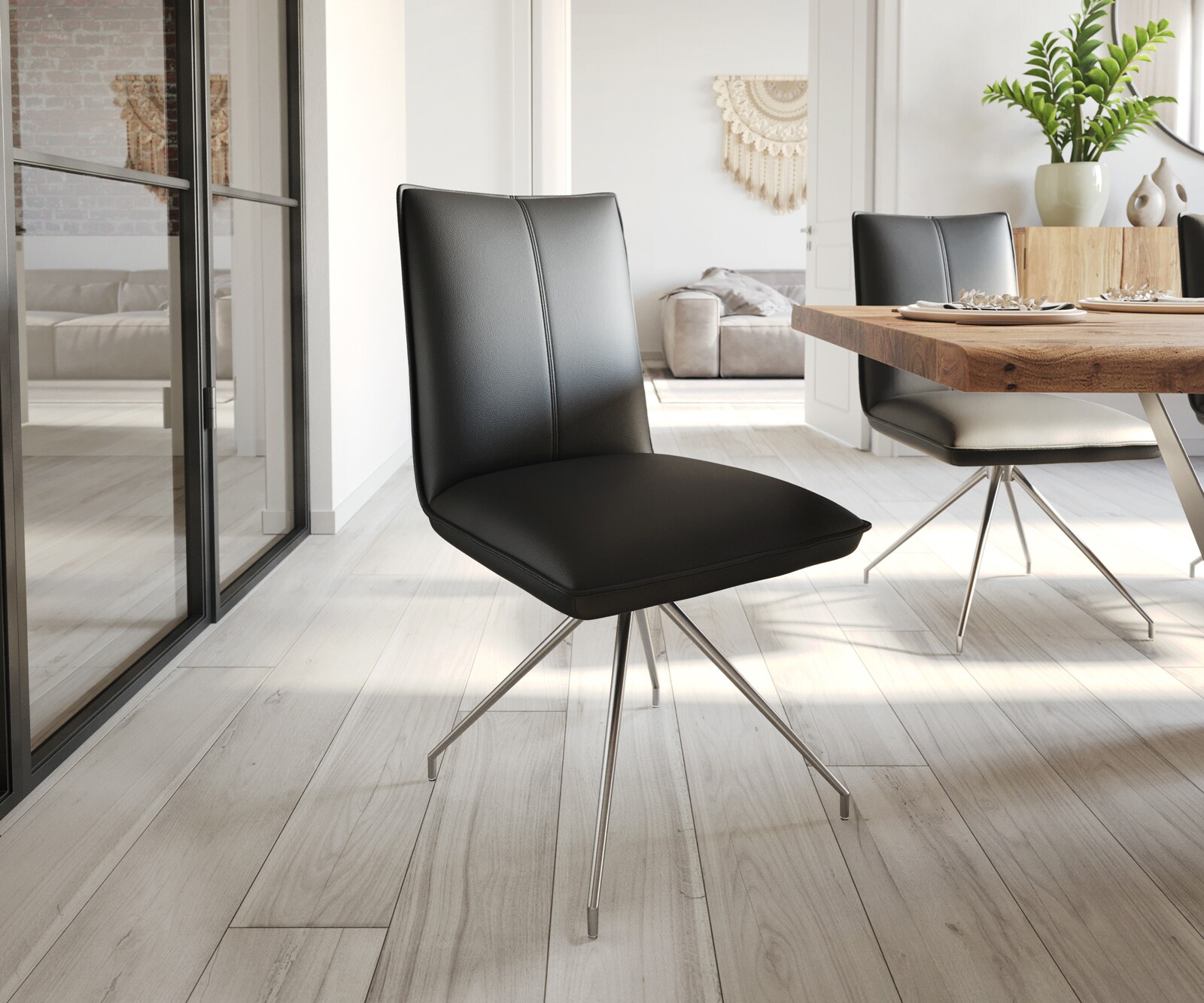 Chaise-de-salle-à-manger Lelio-Flex cuir de vache noir pied croisé conique acier inoxydable brossé ressorts ensachés