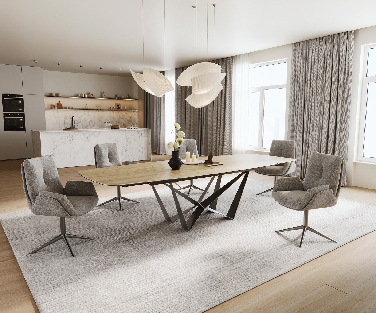 Table à manger Edge Boot 200-300x120 cm Céramique Laminam® Sabbia Eichefarbig Spider Flachstahl Acier inoxydable Graphite extensible 7