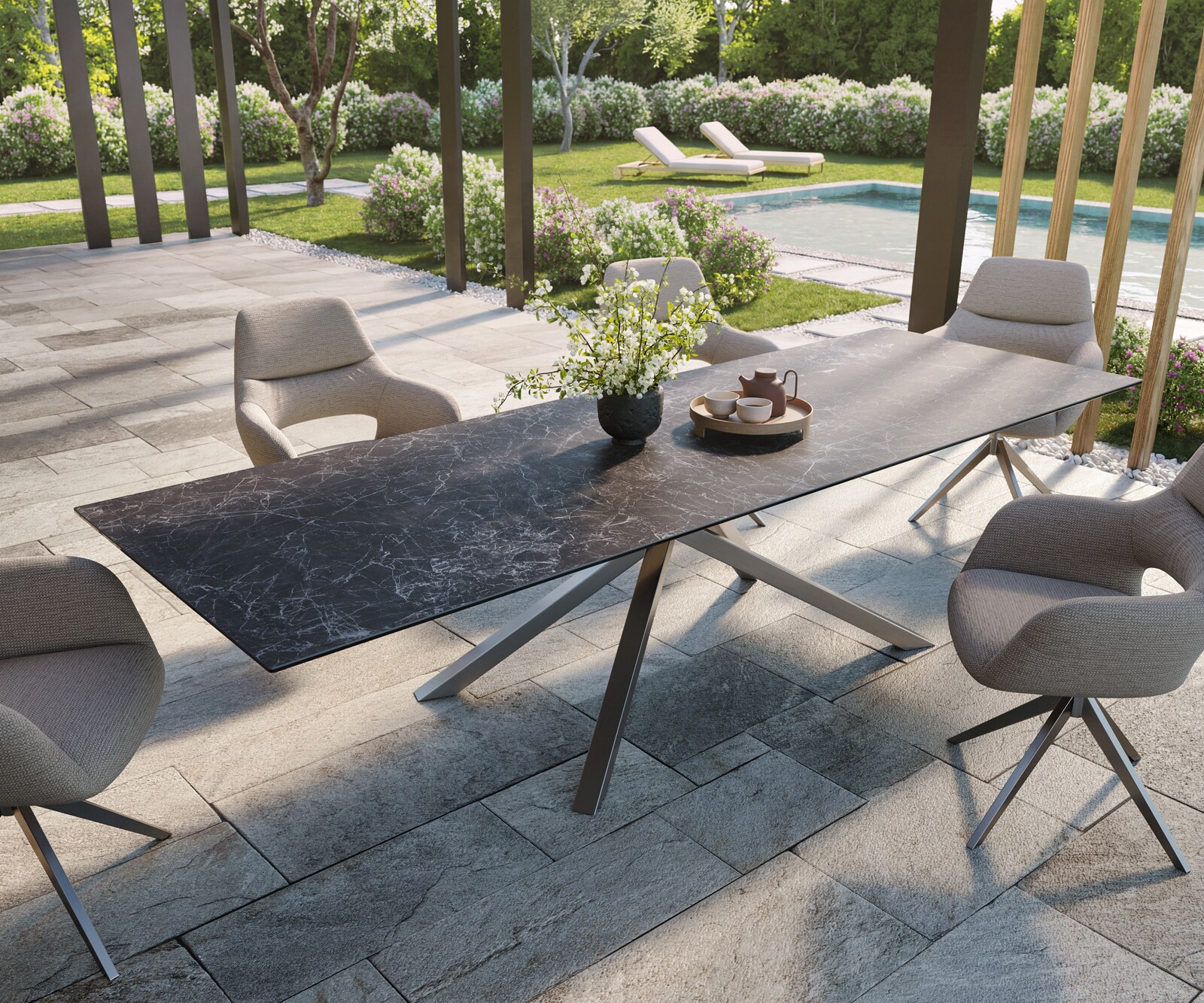 Table d’extérieur Edge 300x100 cm céramique Laminam® Nero Greco anthracite piètement croisé rectangulaire en acier inoxydable