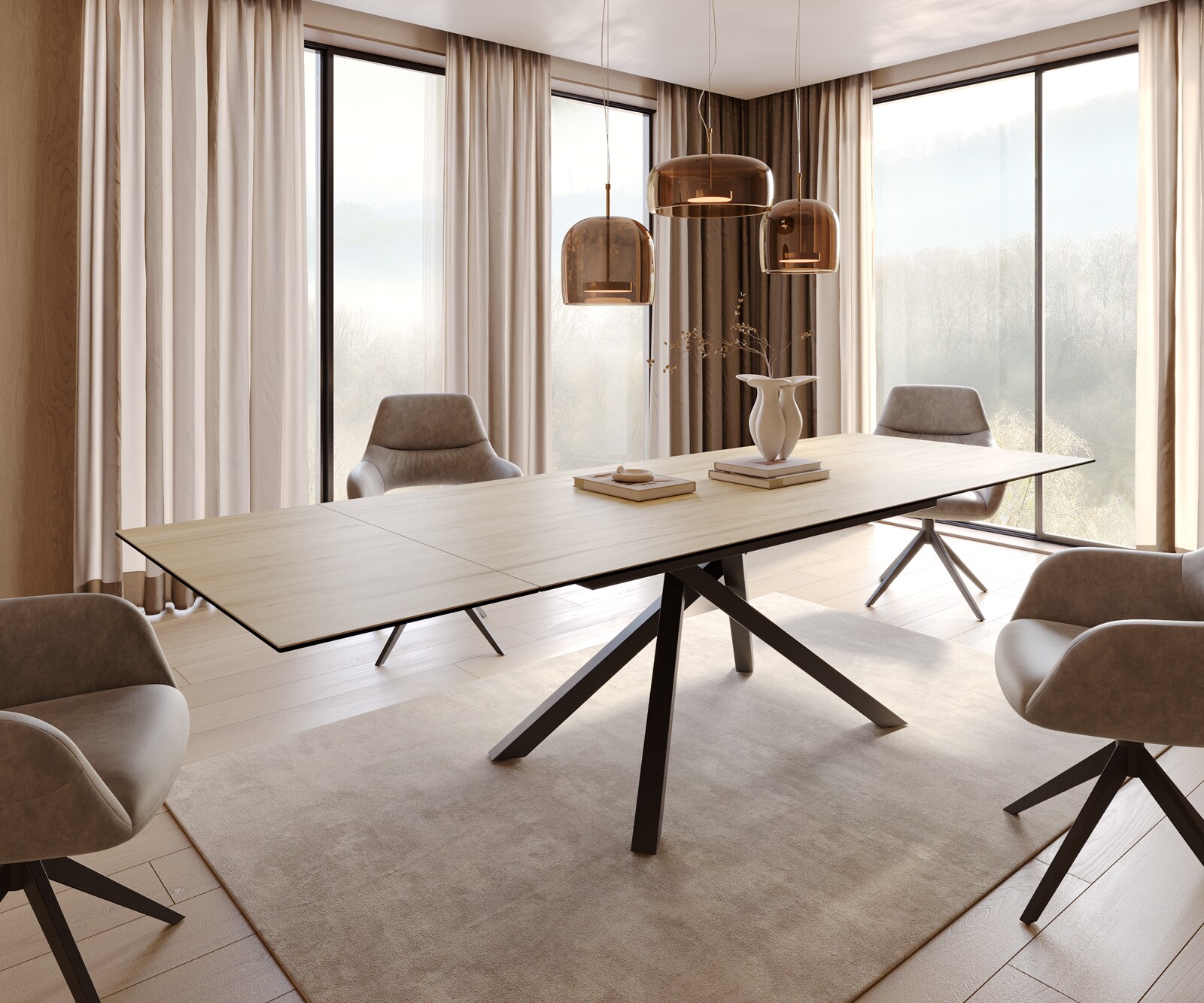 Table à manger Edge 200-300x100 céramique Laminam® Sabbia couleur chêne cadre croisé rectangulaire noir extensible 5