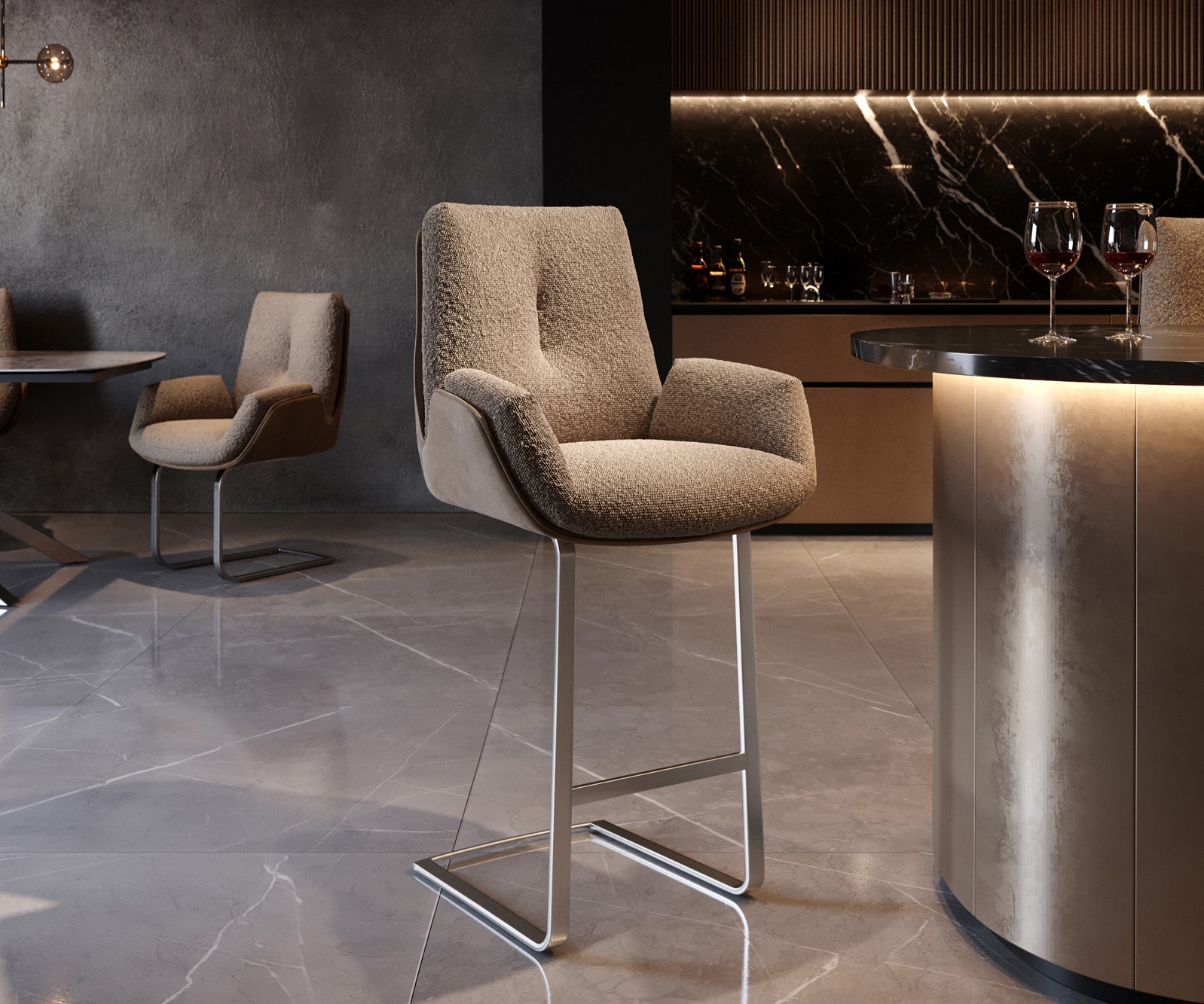 Chaise-de-bar Clea-Flex mélange de matériaux boue Chaise cantileversement plat acier inoxydable ressorts ensachés