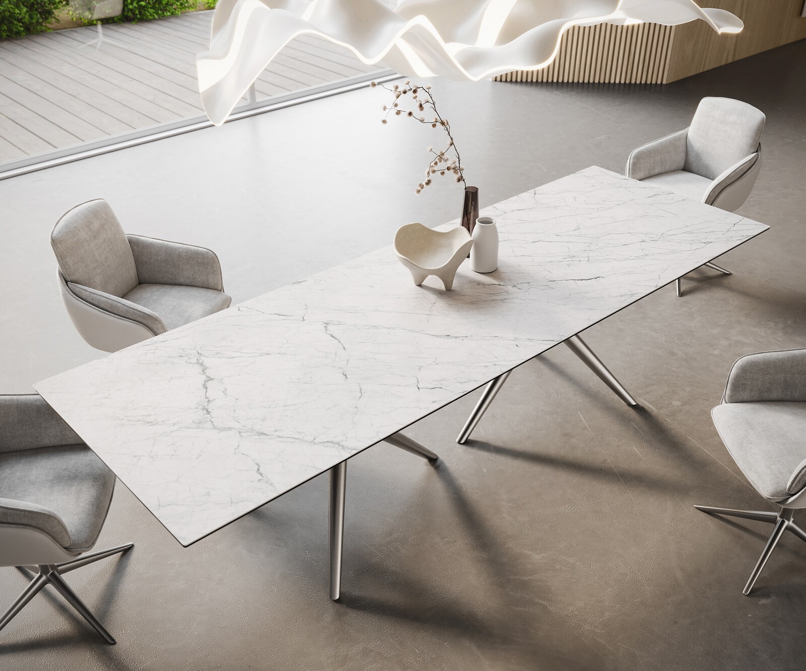 Table à manger Edge 300x100 Céramique Laminam®Statuarietto Blanc Estelar rond Acier inoxydable 1