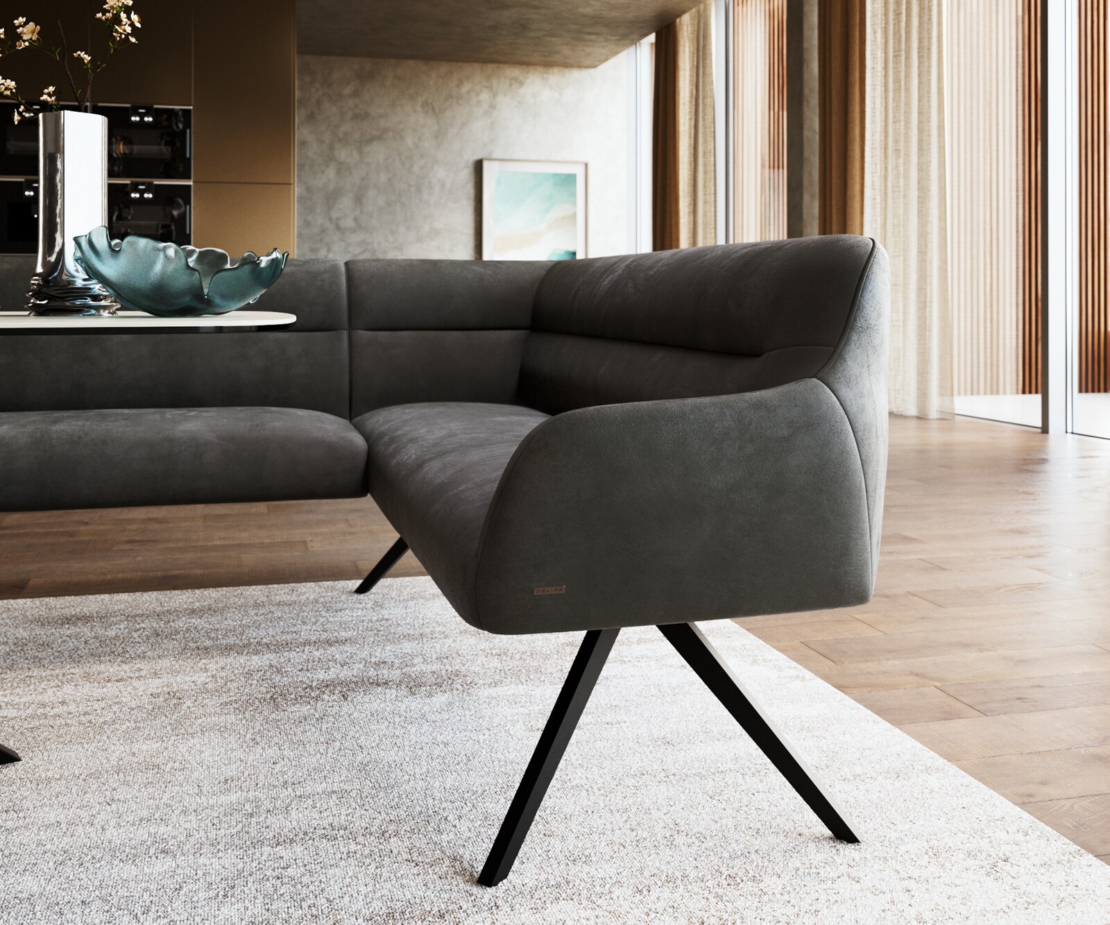 Banc-de-salle-à-manger Taya-Flex 285x190 cm microfibre antracite vintage pied croisé angulaire noir ressort ensaché liens 5