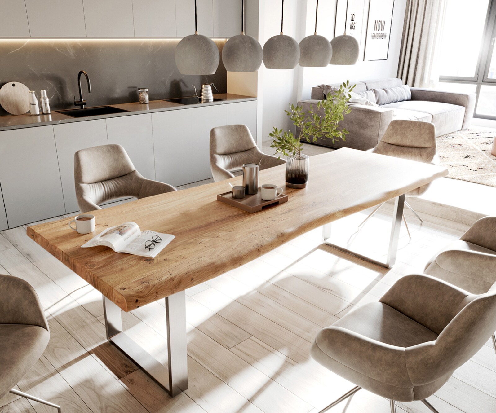 Table-à-manger Edge 280x100cm XL acacia nature acier inoxydable mince Live-Edge