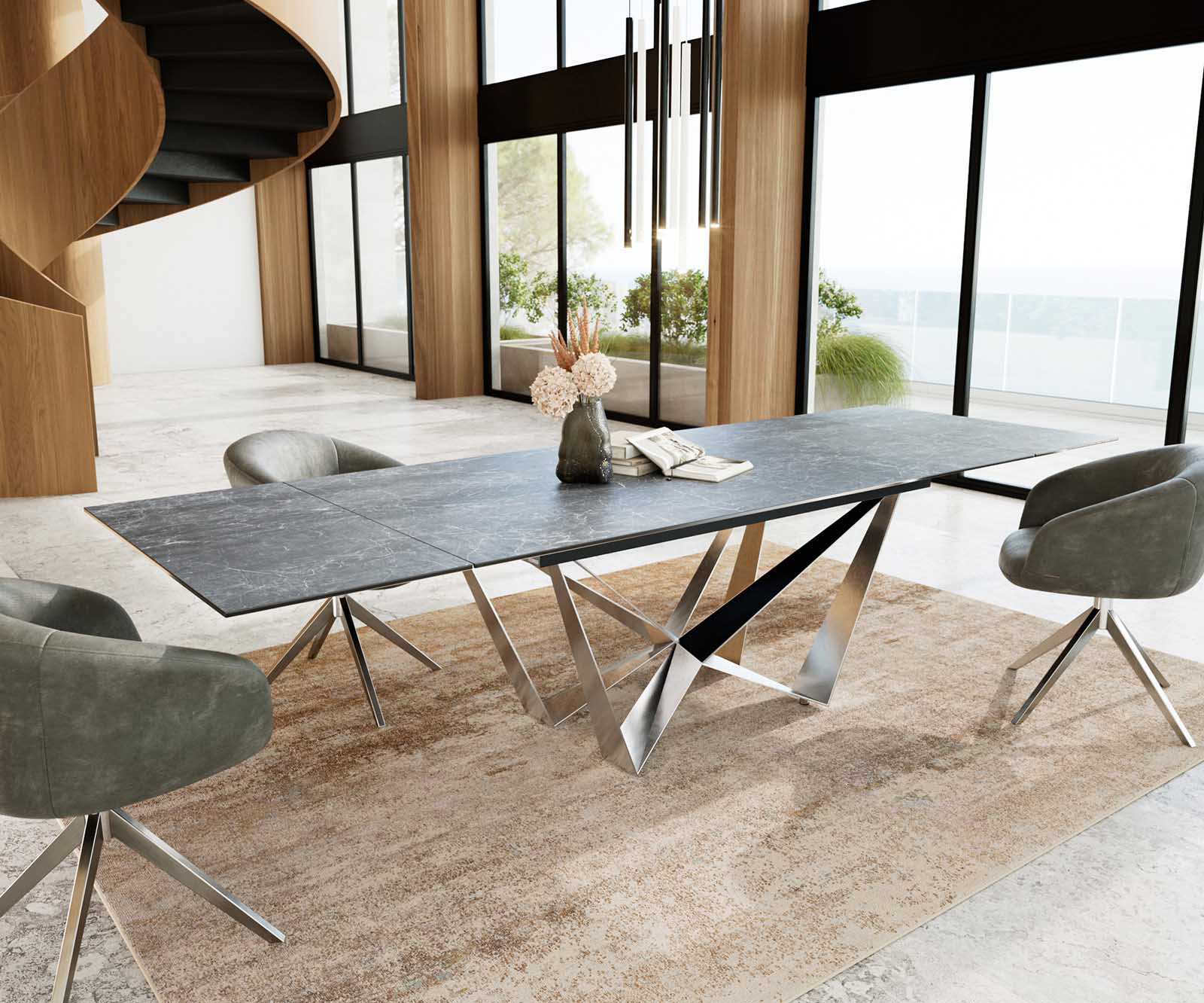 Table à manger Edge 200-300x100 céramique Laminam®Nero Greco gris Spider acier plat acier inoxydable extensible 5