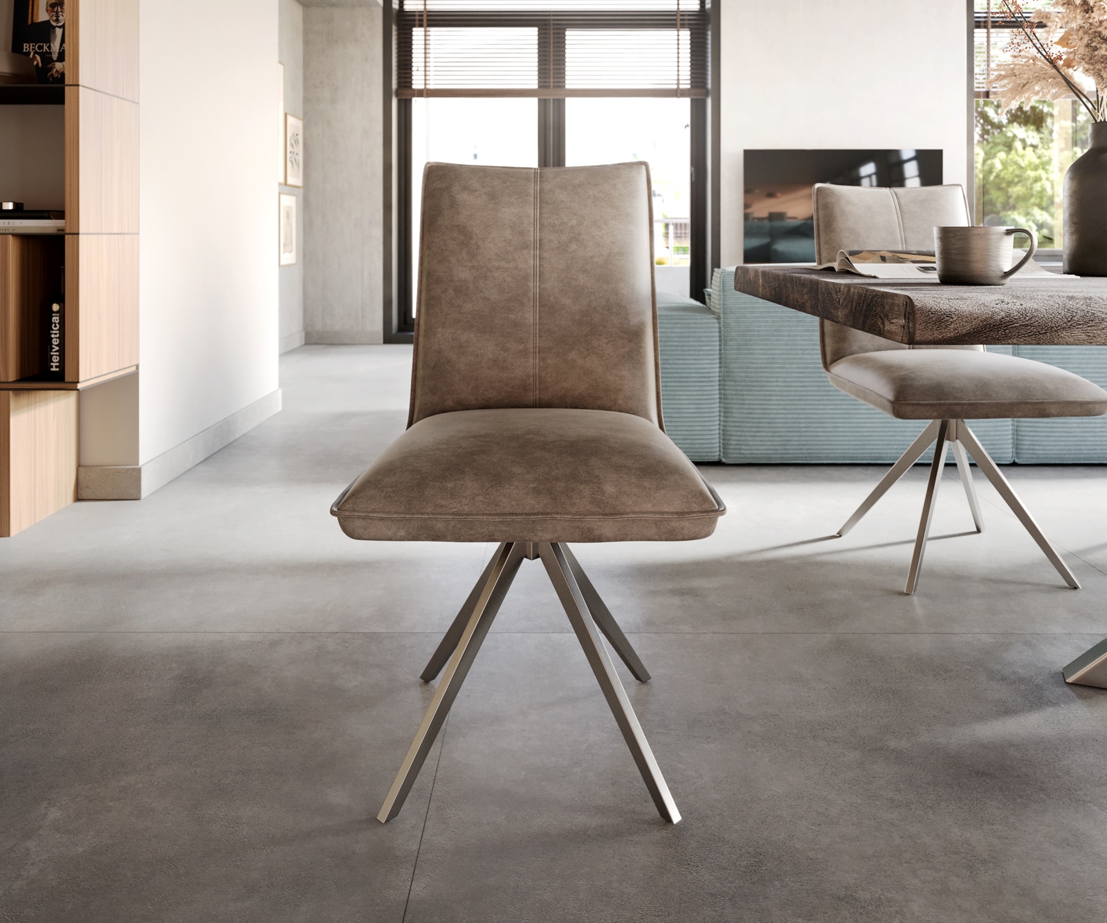 Chaise-de-salle-à-manger Lelio-Flex microvelours taupe vintage pied croisé large acier inoxydable brossé ressorts ensachés 1 Chaise-de-salle-à-manger Lelio-Flex microvelours taupe vintage pied croisé large acier inoxydable brossé ressorts ensachés 1