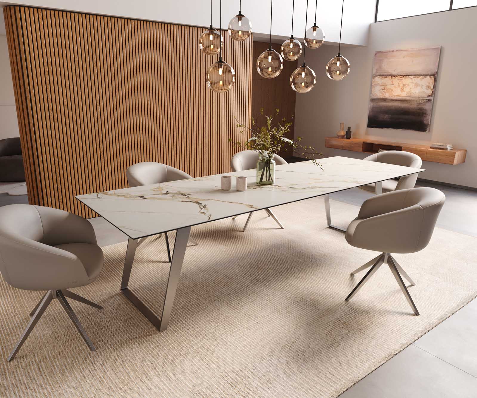 Table à manger Edge 300x100 céramique Calacatta Luxe blanc-doré-gris acier inoxydable incliné 8