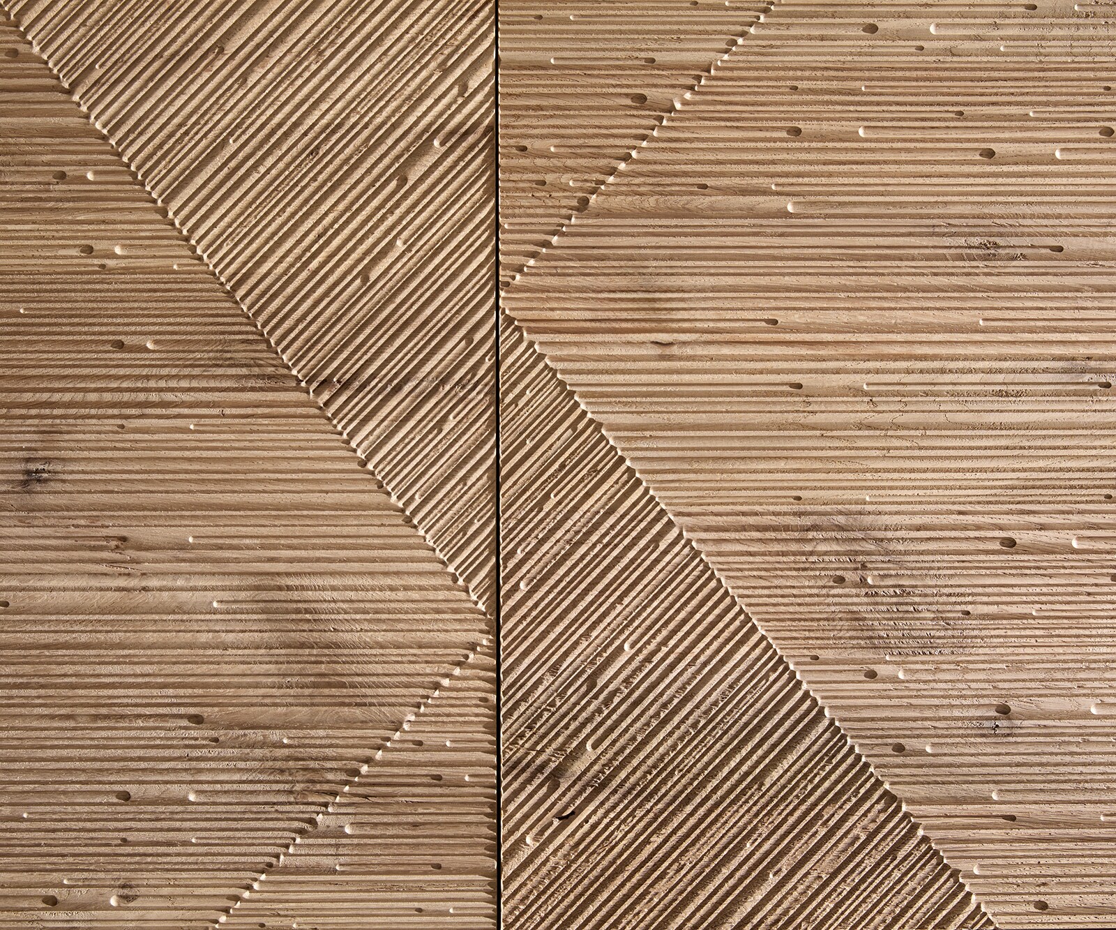 Buffet Tereos 200 cm chêne naturel effet 3D 4 portes pieds effet flottant verre acrylique 2