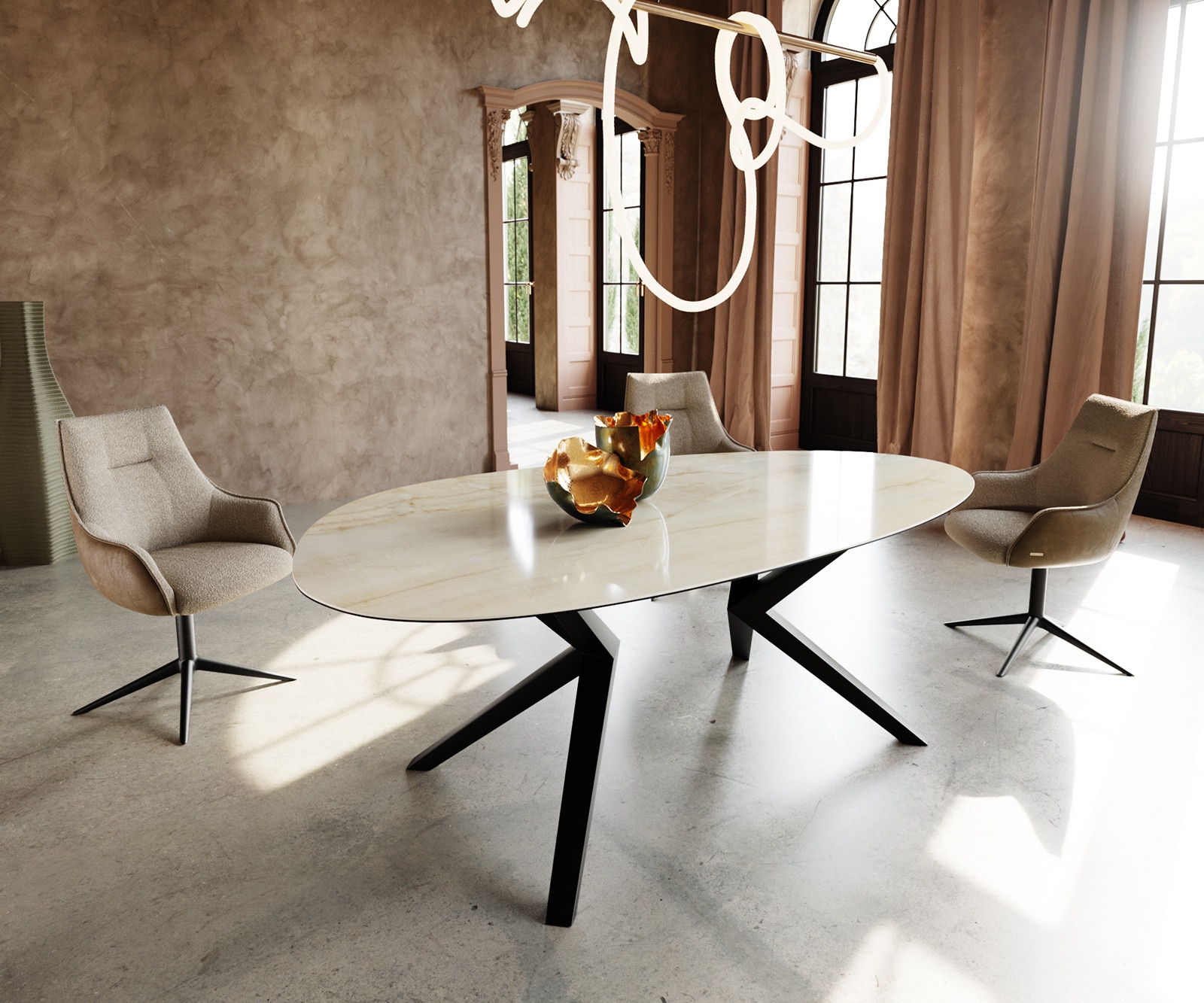 Table à manger Edge Ovale 220x120 Céramique Iris FMG Onice Oro Zenthara anguleux Métal Noir 1