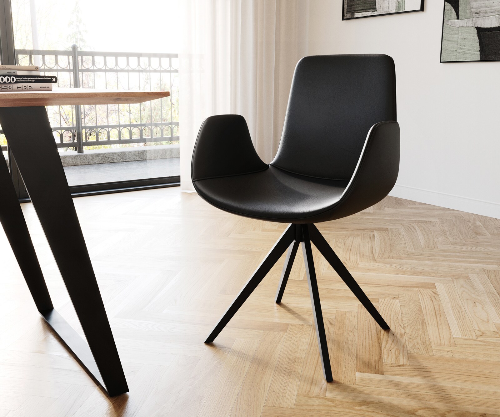 Chaise-de-salle-à-manger Ilia-Flex avec accoudoirs cuir de vache noir pied croisé angulaire noir 2