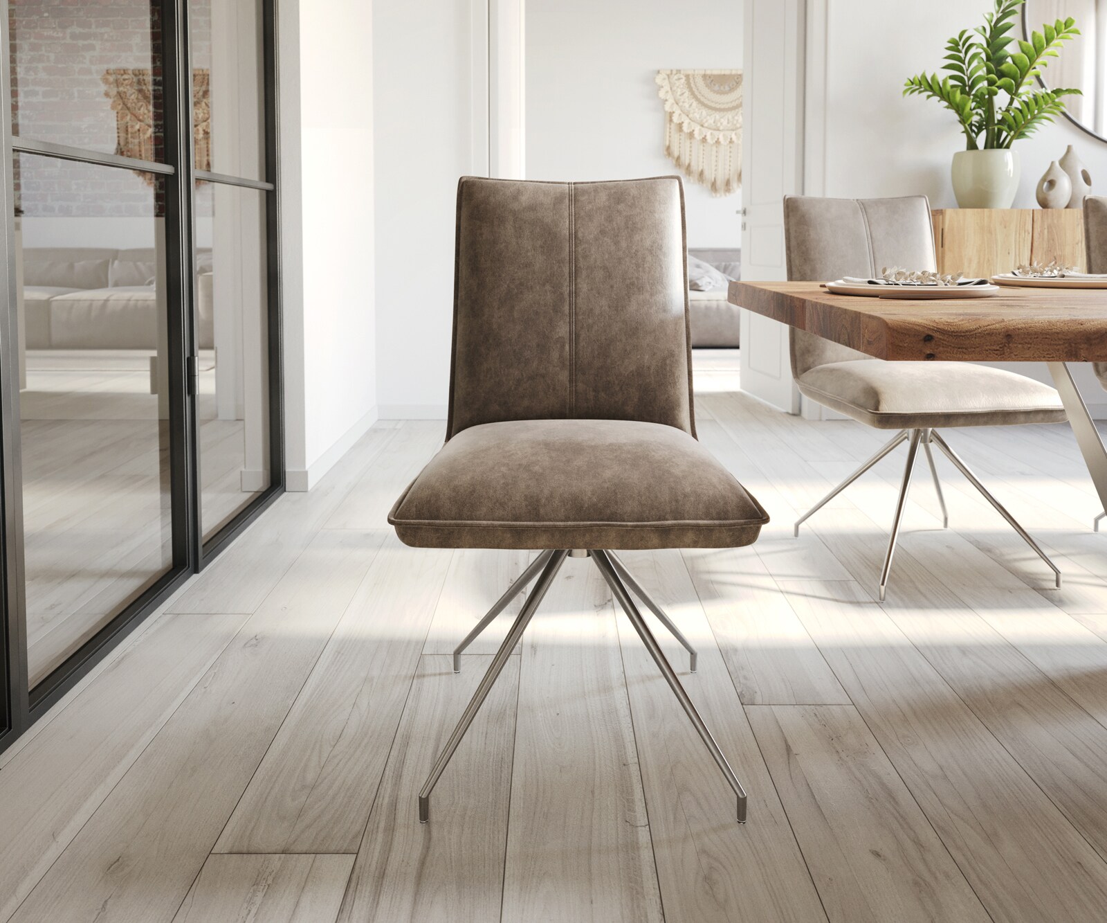 Chaise-de-salle-à-manger Lelio-Flex microvelours taupe vintage pied croisé conique acier inoxydable brossé ressorts ensachés 1