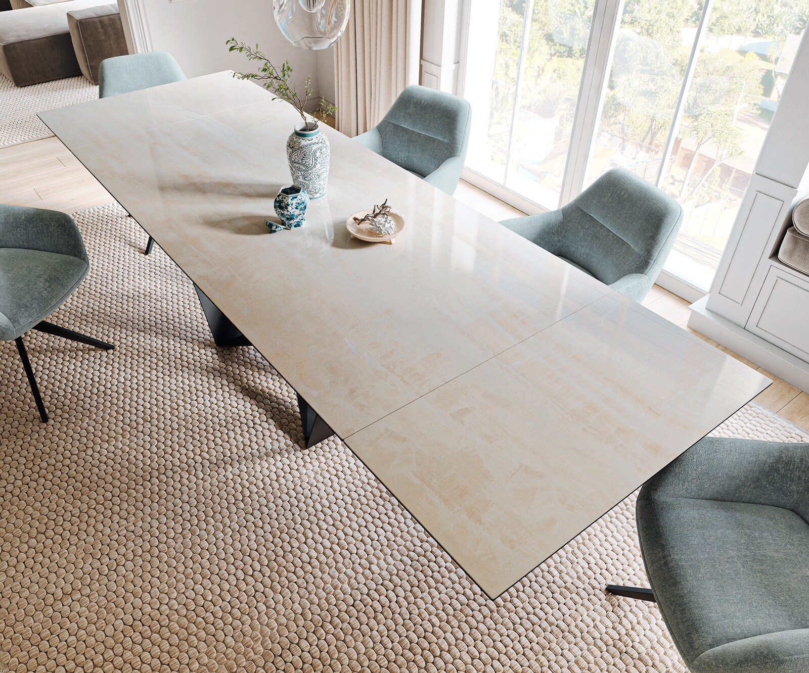 Table à manger extensible Edge 200-300x100 cm céramique Onyx Champagne Spider acier plat noir 3