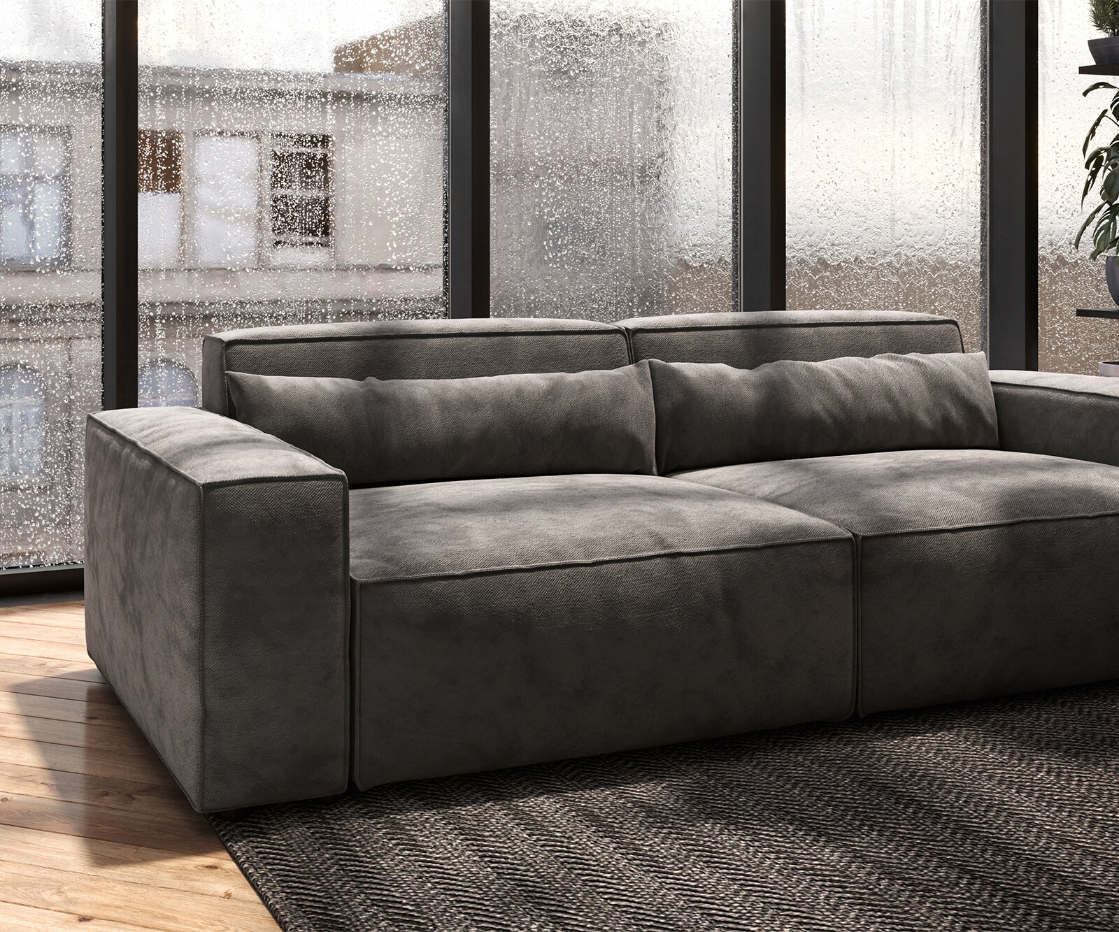 Grand Canapé Sirpio 230x95 cm Microfibre Marron Kaki avec Tabouret 4