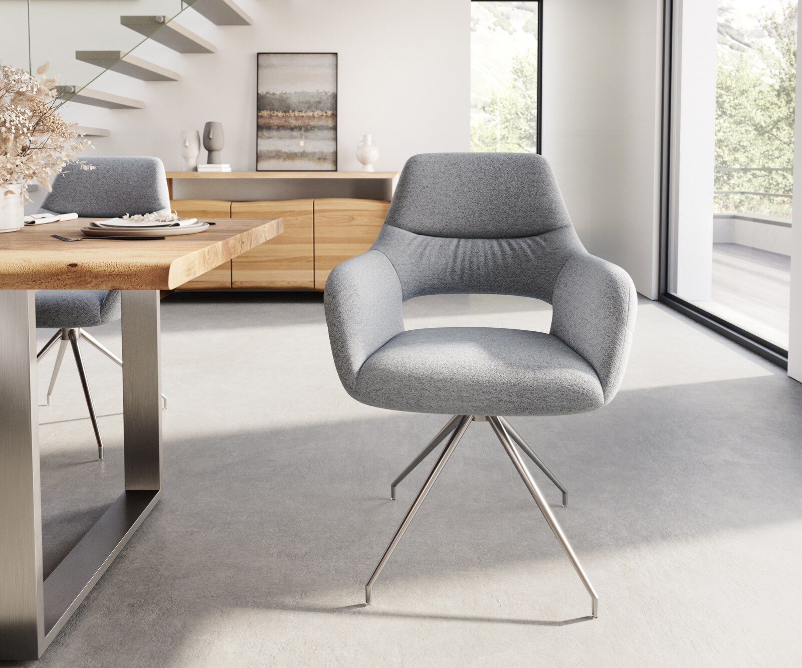 Chaise-de-salle-à-manger Yago-Flex avec accoudoirs tissu texturé gris clair pied croisé conique acier inoxydable brossé ressorts ensachés 1 Chaise-de-salle-à-manger Yago-Flex avec accoudoirs tissu texturé gris clair pied croisé conique acier inoxydable brossé ressorts ensachés 1