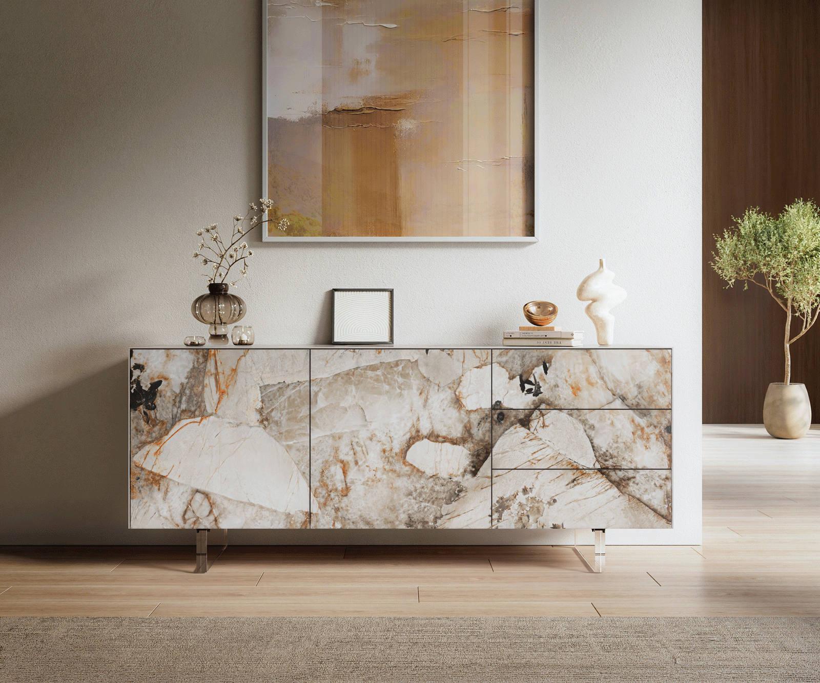 Buffet Cuor 180 cm Céramique Patagonia raffinée 2 Portes 3 Tiroirs Pied optique flottant Verre acrylique 2
