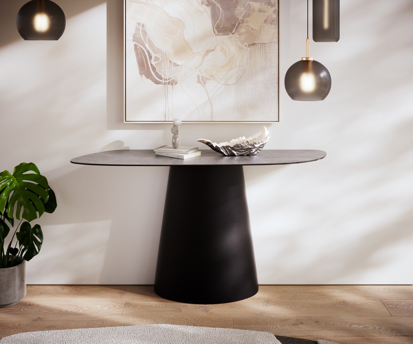 Table console Edge Organique 140x40 cm Céramique Béton Gris Conos Métal Noir