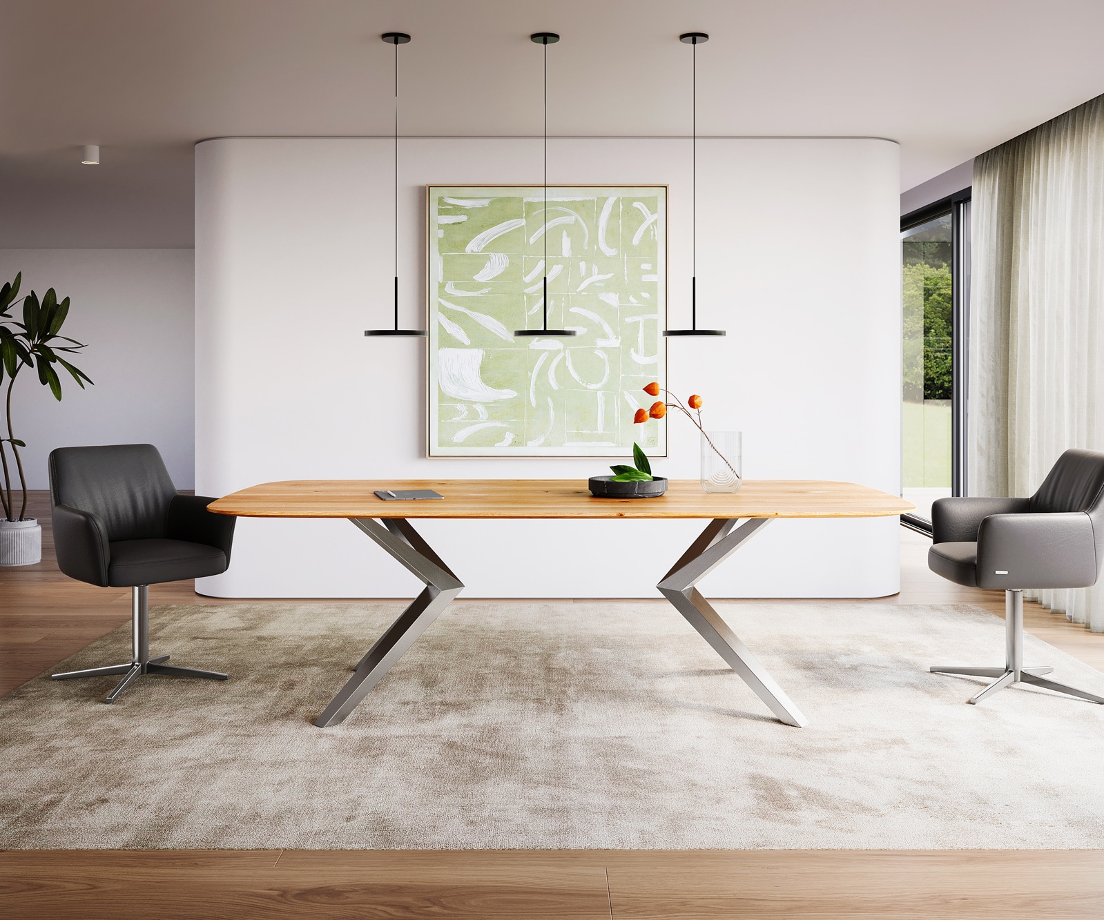 Table à manger Edge Boot 240x120x2,5-3 chêne naturee Zenthara Angulaire acier inoxydable bord suisse Table à manger Edge Boot 240x120x2,5-3 chêne naturee Zenthara Angulaire acier inoxydable bord suisse