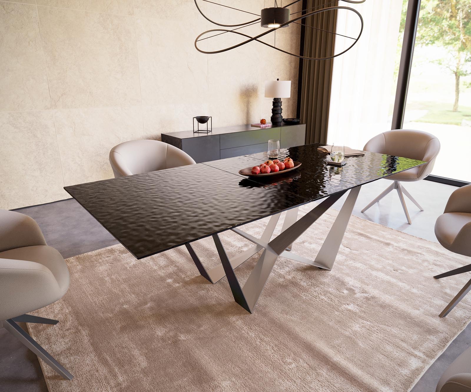 Table à manger Edge 180-220x100 verre fondu noir fumé relief en 3D Spider acier plat acier inoxydable extensible 1