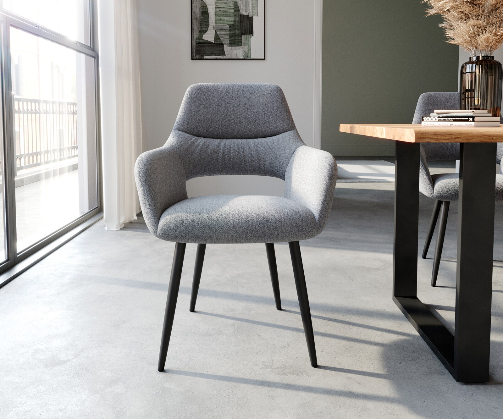 Chaise-de-salle-à-manger Yago-Flex avec accoudoirs tissu texturé gris clair 4 pieds coniques noir ressorts ensachés 1 Chaise-de-salle-à-manger Yago-Flex avec accoudoirs tissu texturé gris clair 4 pieds coniques noir ressorts ensachés 1