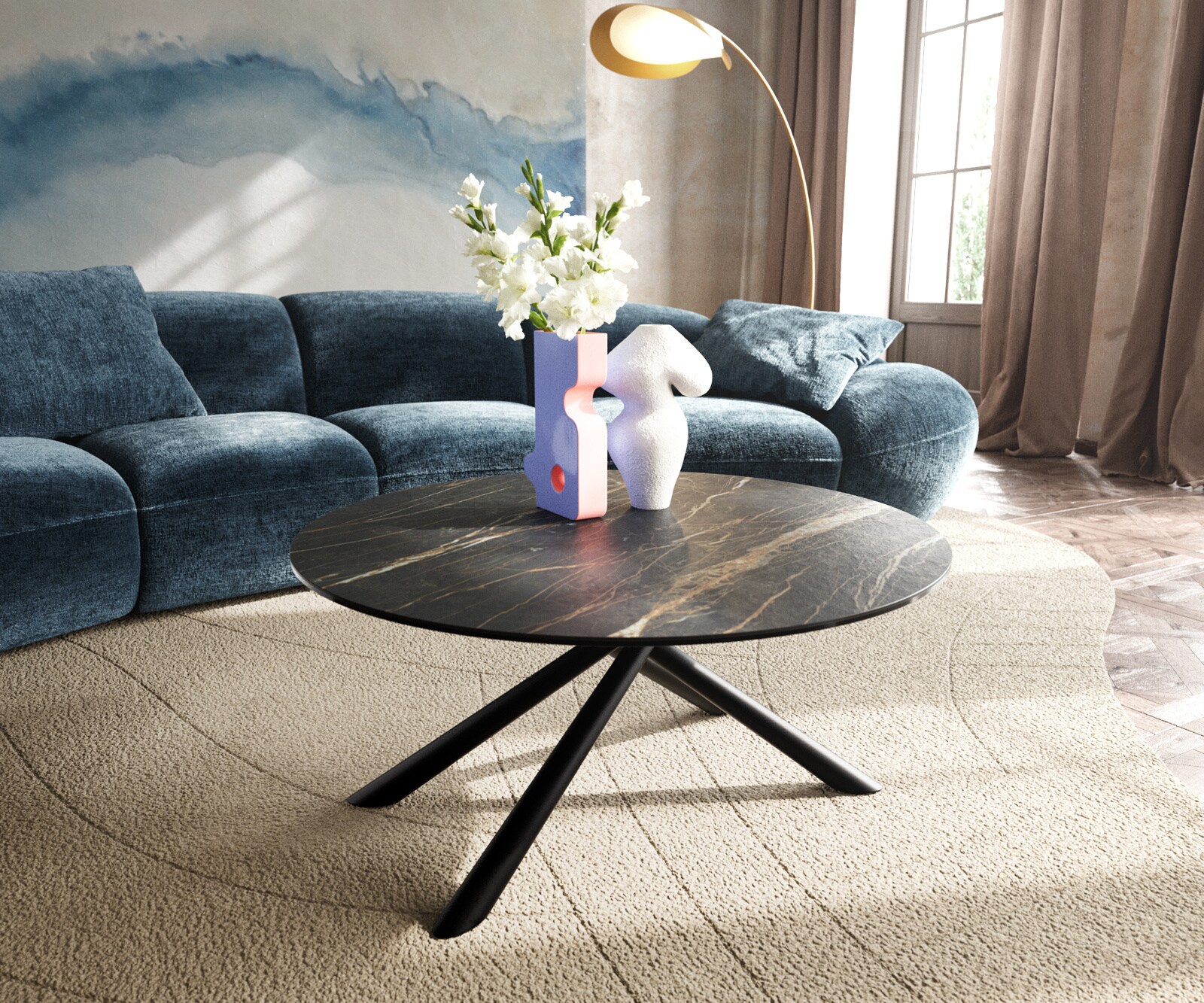 Table basse Edge rond 90x90 cm céramique Laminam® Noir Desir brun Sarity métal noir
