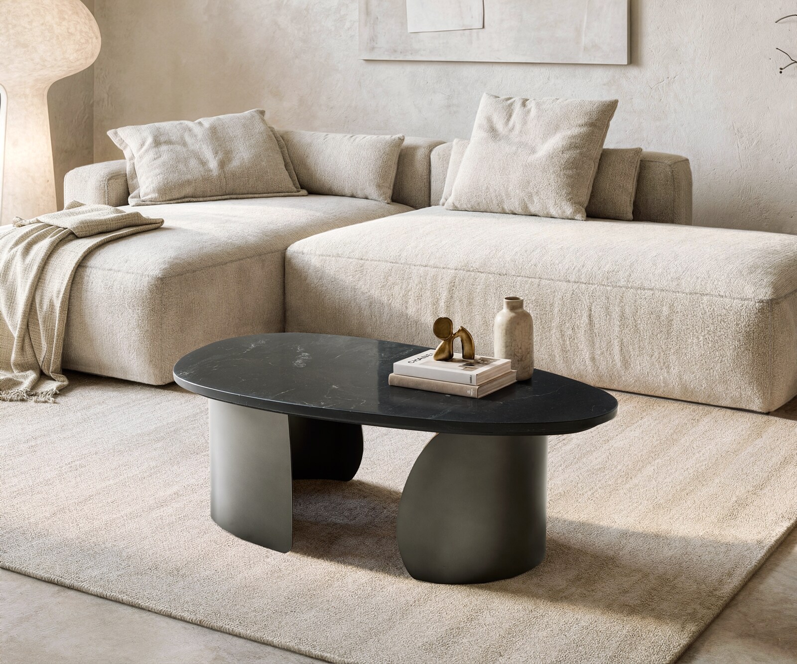Table basse Marvello 100x50 cm marbre noir argenté métal Black Antique 1
