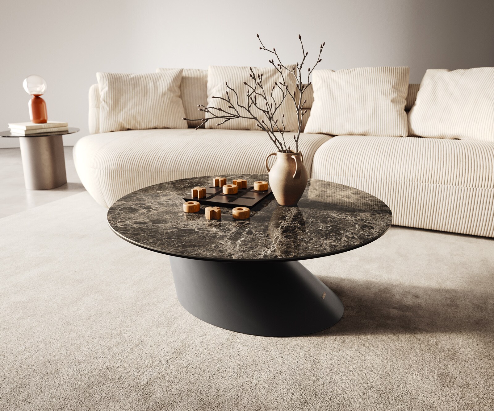 Table basse Edge rond 90x90 cm céramique Laminam® Emperador Extra Lucidato brun foncé Conis métal noir 1