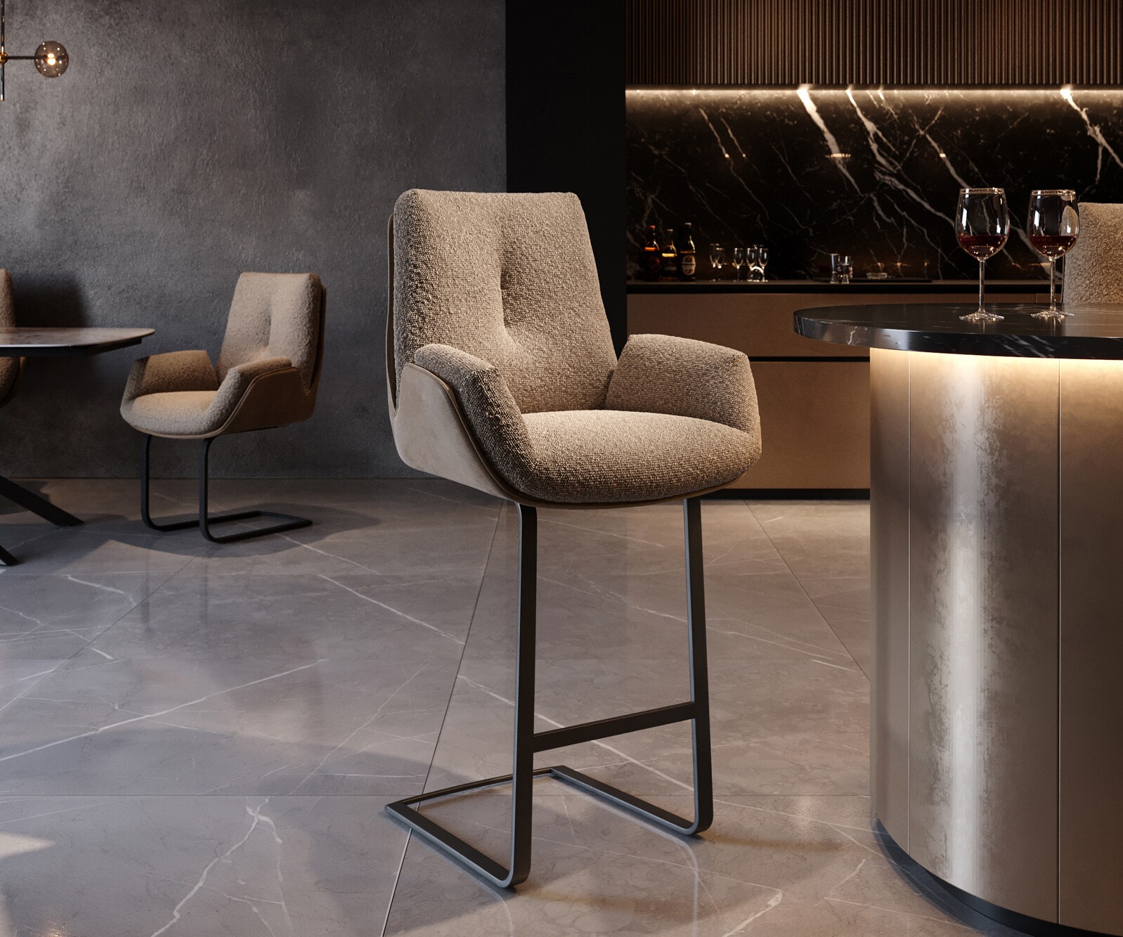 Chaise-de-bar Clea-Flex mélange de matériaux boue Piétement luge plat métal ressorts ensachés 1