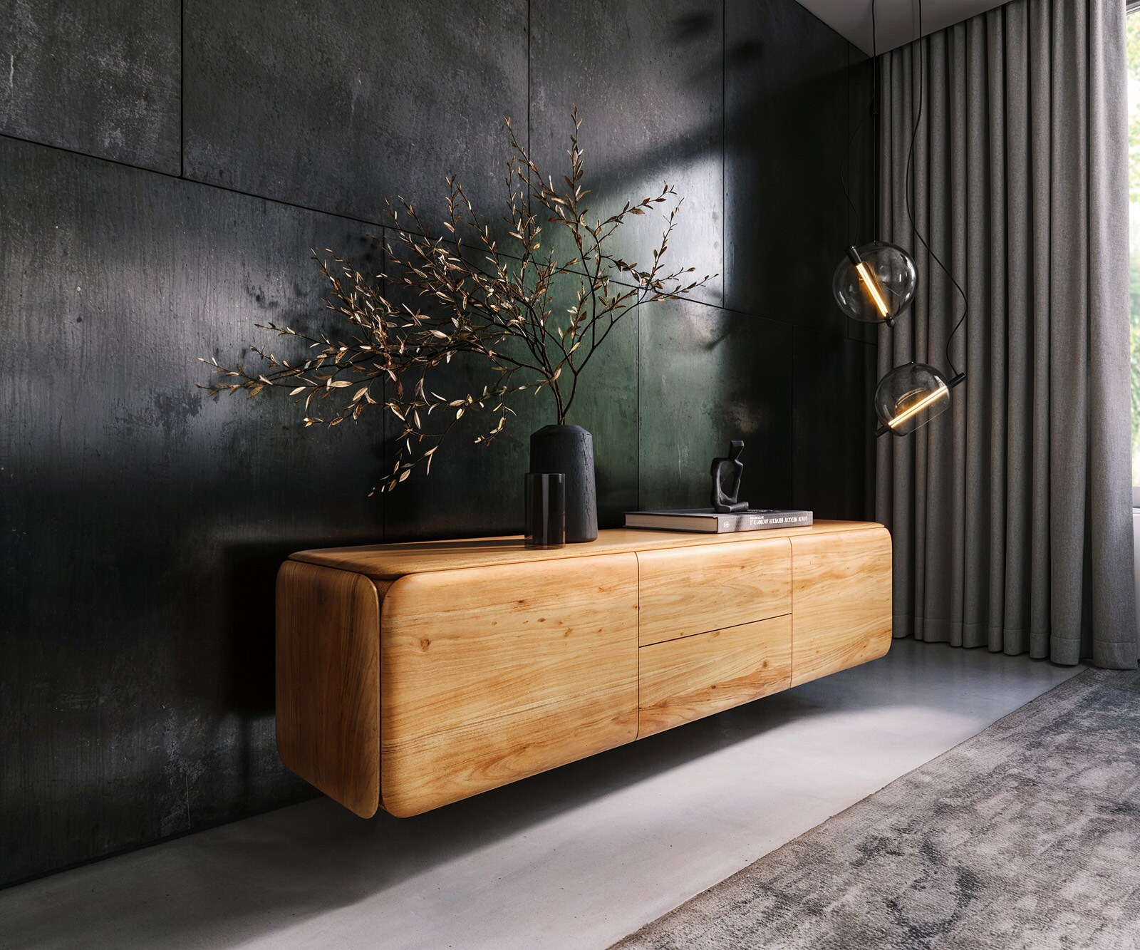 Meuble-TV Shavani 175 cm acacia naturel 2 portes 2 tiroirs flottant