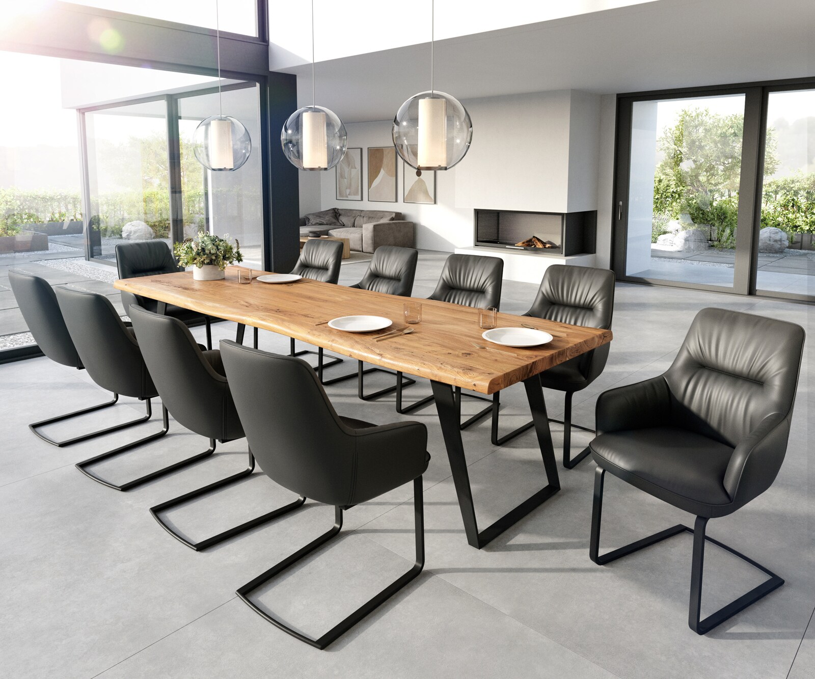 Cantilever Zelia-Flex avec accoudoirs cuir de vache noir pied cantilever plat noir ressorts ensachés 3
