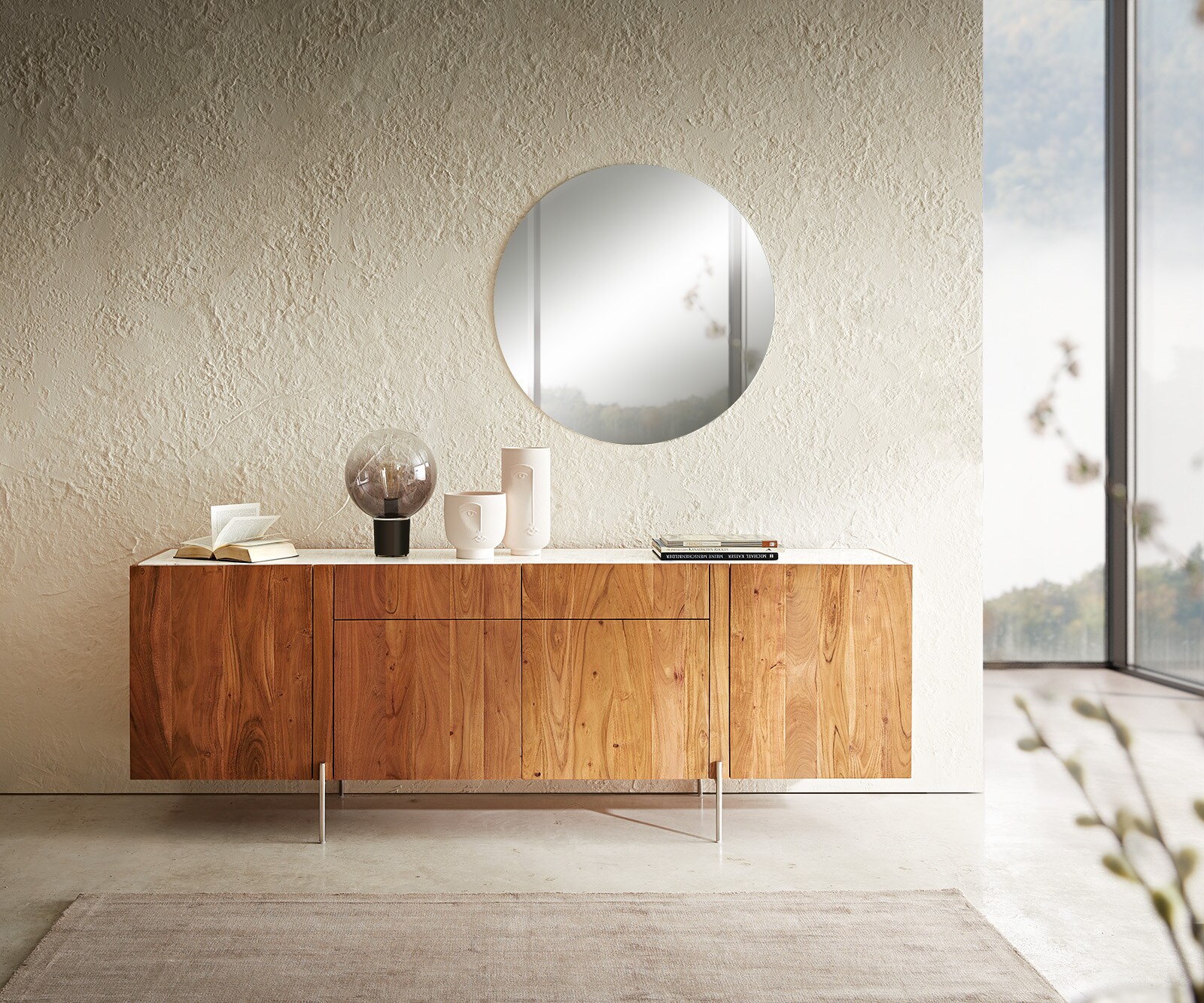Buffet Secara 200 cm acacia naturel 4 portes 2 tiroirs marbre pieds inoxydable 1