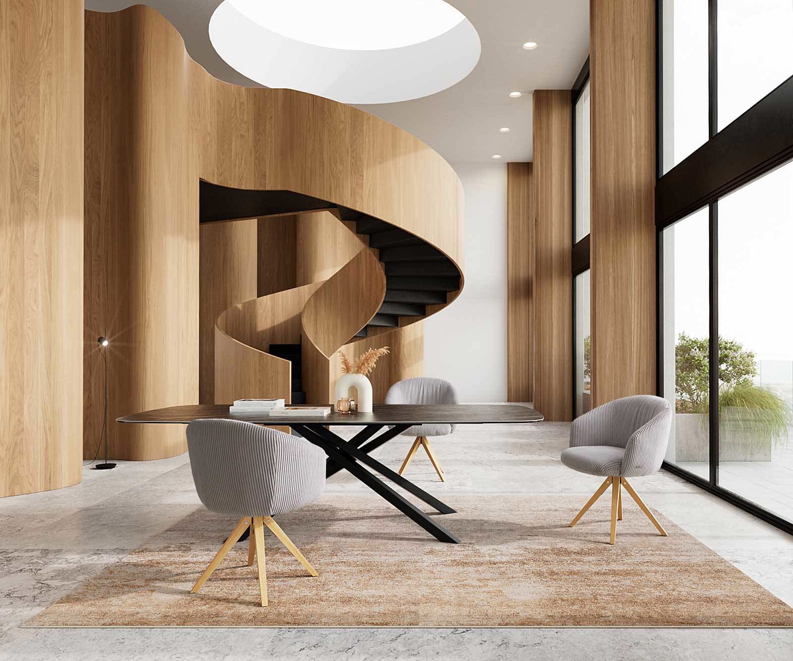 Chaise-pivotante Caja-Flex avec accoudoirs côtelé gris argenté pied en bois angulaire naturel pivotement sur 180° ressorts ensachés 5 Chaise-pivotante Caja-Flex avec accoudoirs côtelé gris argenté pied en bois angulaire naturel pivotement sur 180° ressorts ensachés 5