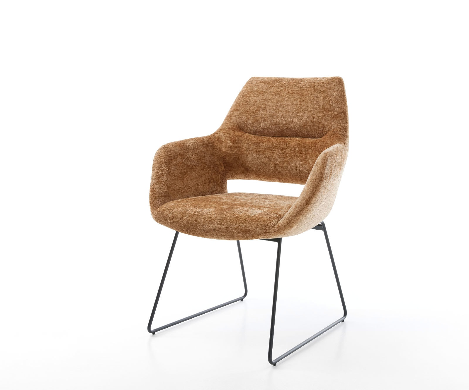 Chaise-de-salle-à-manger Yago-Flex avec accoudoirs chenille rouille pied trapèze noir ressorts ensachés Chaise-de-salle-à-manger Yago-Flex avec accoudoirs chenille rouille pied trapèze noir ressorts ensachés