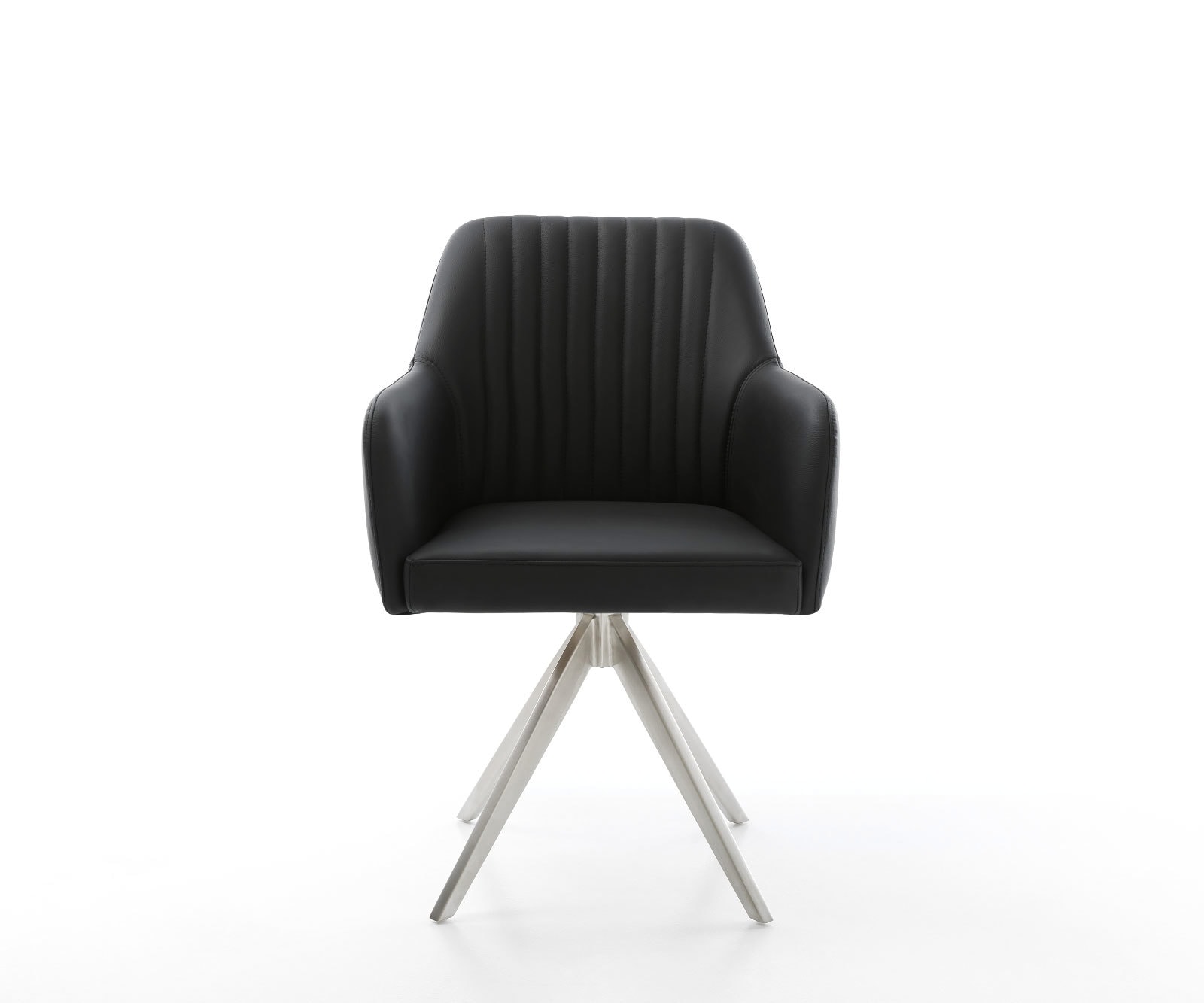 Chaise-de-salle-à-manger Greg-Flex cuir de vache noir pied croisé angulaire acier inoxydable brossé ressorts ensachés 1 Chaise-de-salle-à-manger Greg-Flex cuir de vache noir pied croisé angulaire acier inoxydable brossé ressorts ensachés 1