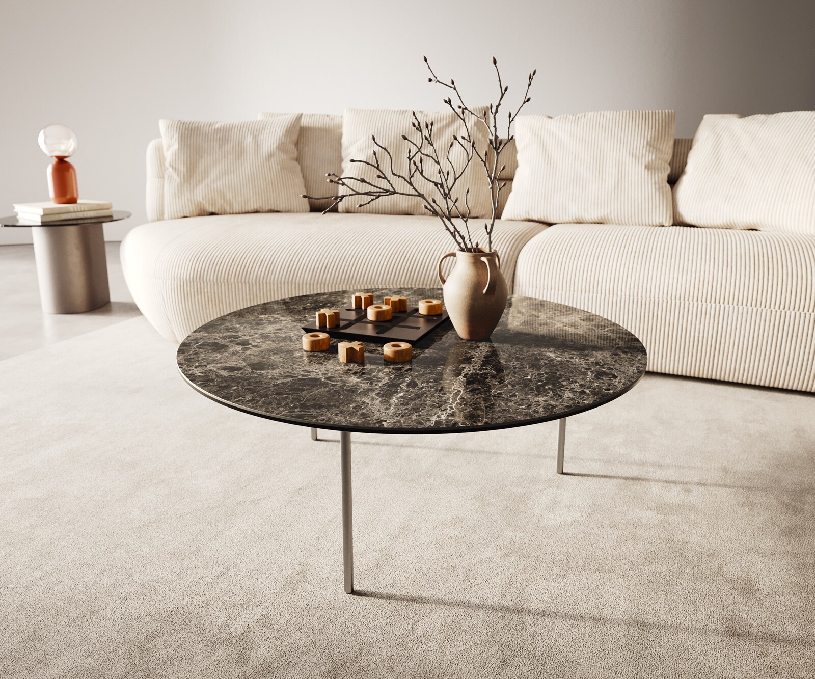 Table basse Edge rond 90x90 cm céramique Laminam® Emperador Extra Lucidato brun foncé Trive acier inoxydable brossé 1