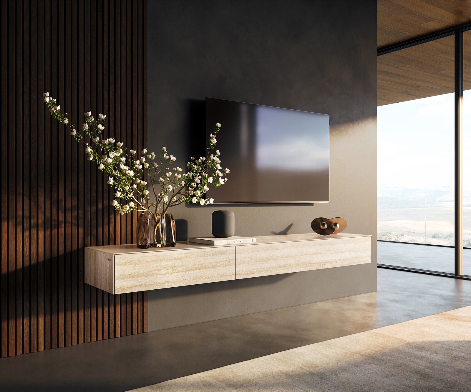 Meuble-TV Cuor 200 cm Céramique Laminam® Travertino Bianco Crème-blanc 1 Clapet 1 Tiroir Pied optique flottant Ancier inoxydable
