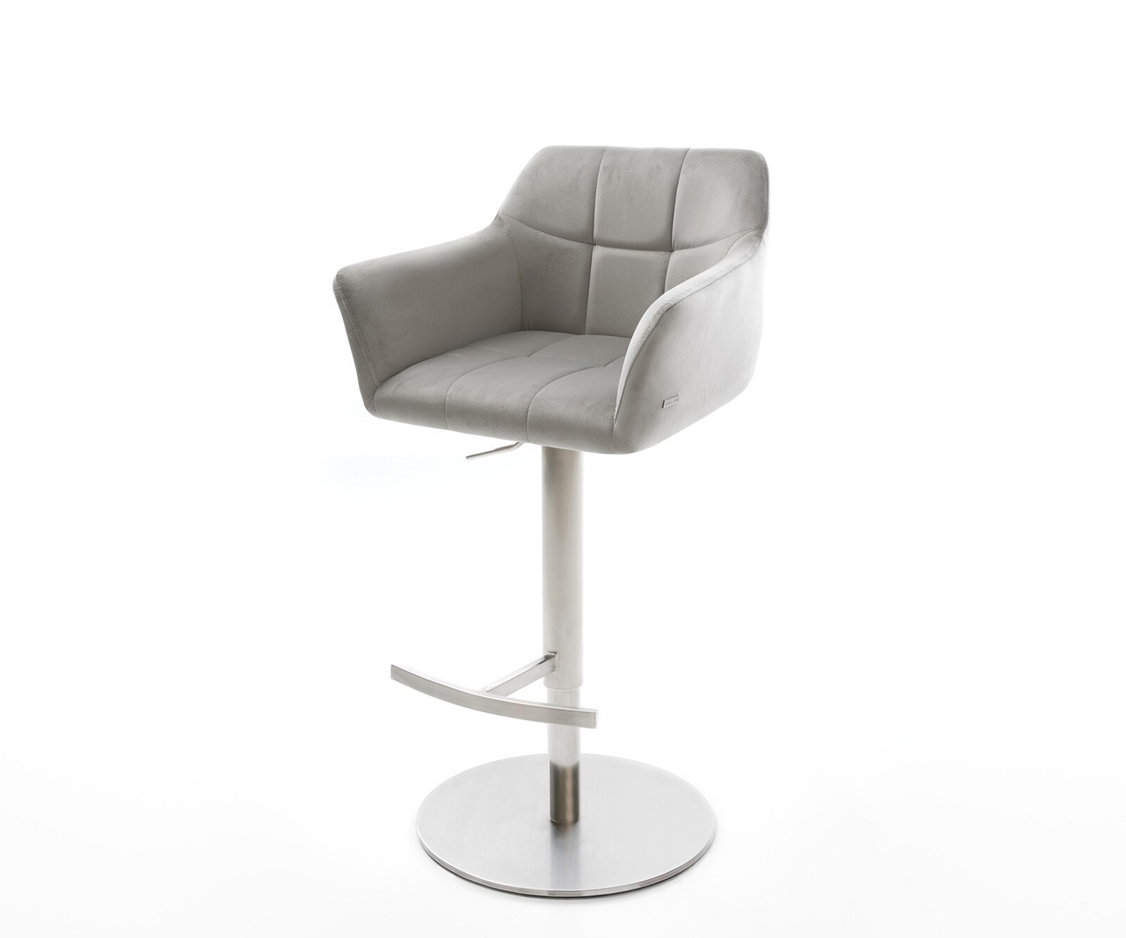 Chaise-de-bar Yulo-Flex velours gris pied pivotant réglable en hauteur acier inoxydable