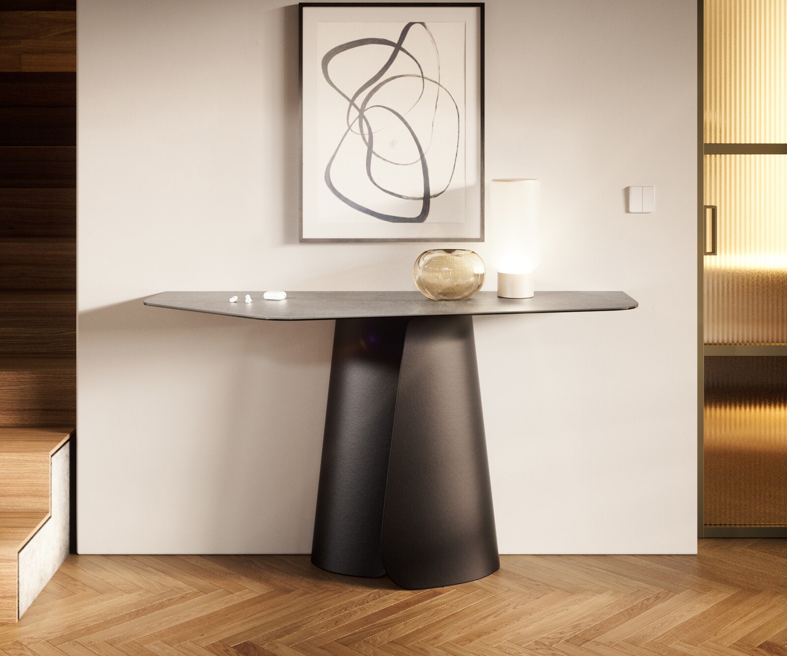 Console Edge Polygonal 140x50 cm Céramique Gris béton Spios Métal Noir 1