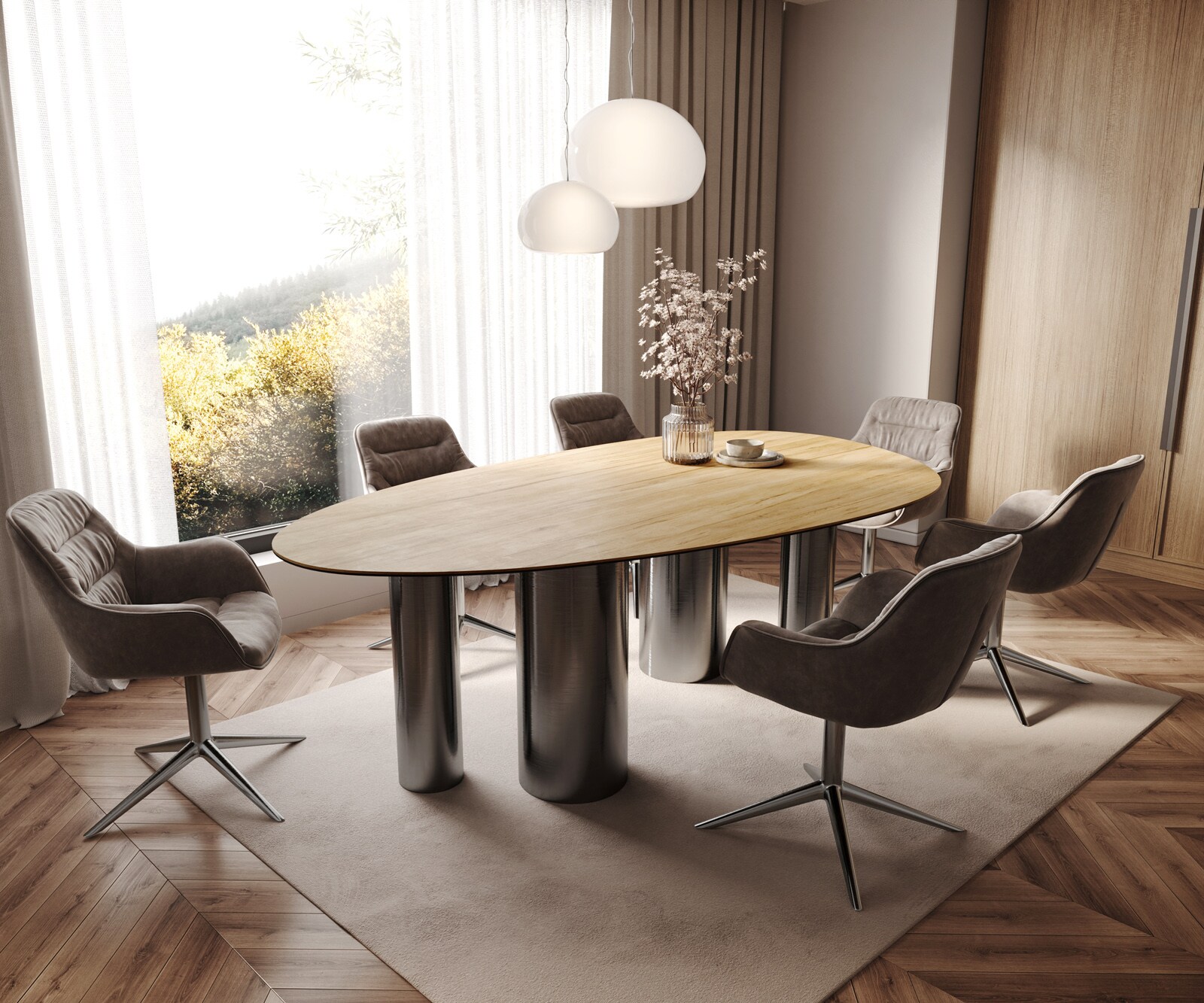 Table à manger Edge Ovale 220x120 Céramique Laminam® Sabbia Couleur chêne Pilier Acier inoxydable Graphite 7